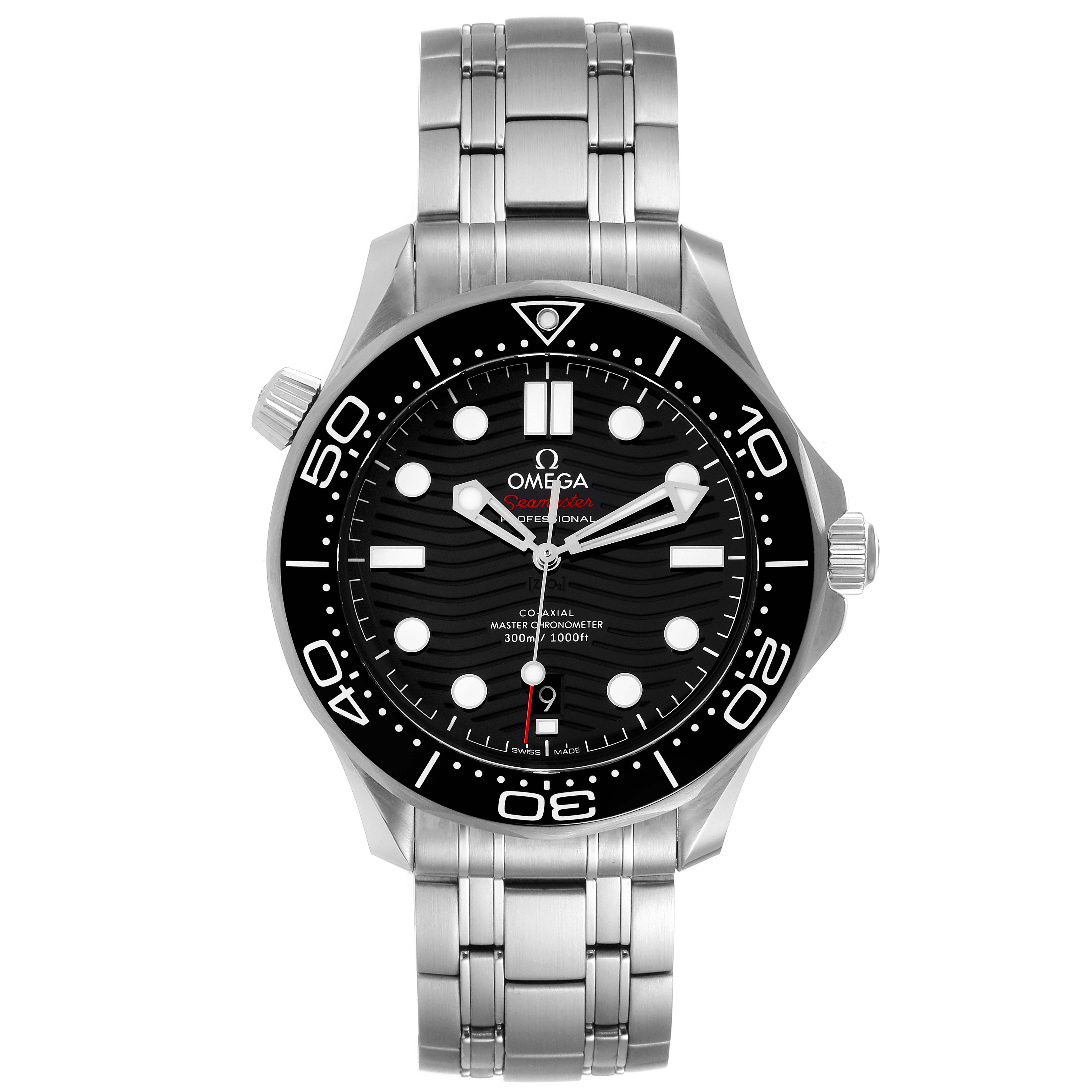 The image shows a front view of the Omega Seamaster 210.30.42.20.01.001 Men's Stainless Steel Black Dial 210.30.42.20.01.001 Men's Stainless Steel Black Dial watch, featuring its dial, bezel, and stainless steel bracelet.