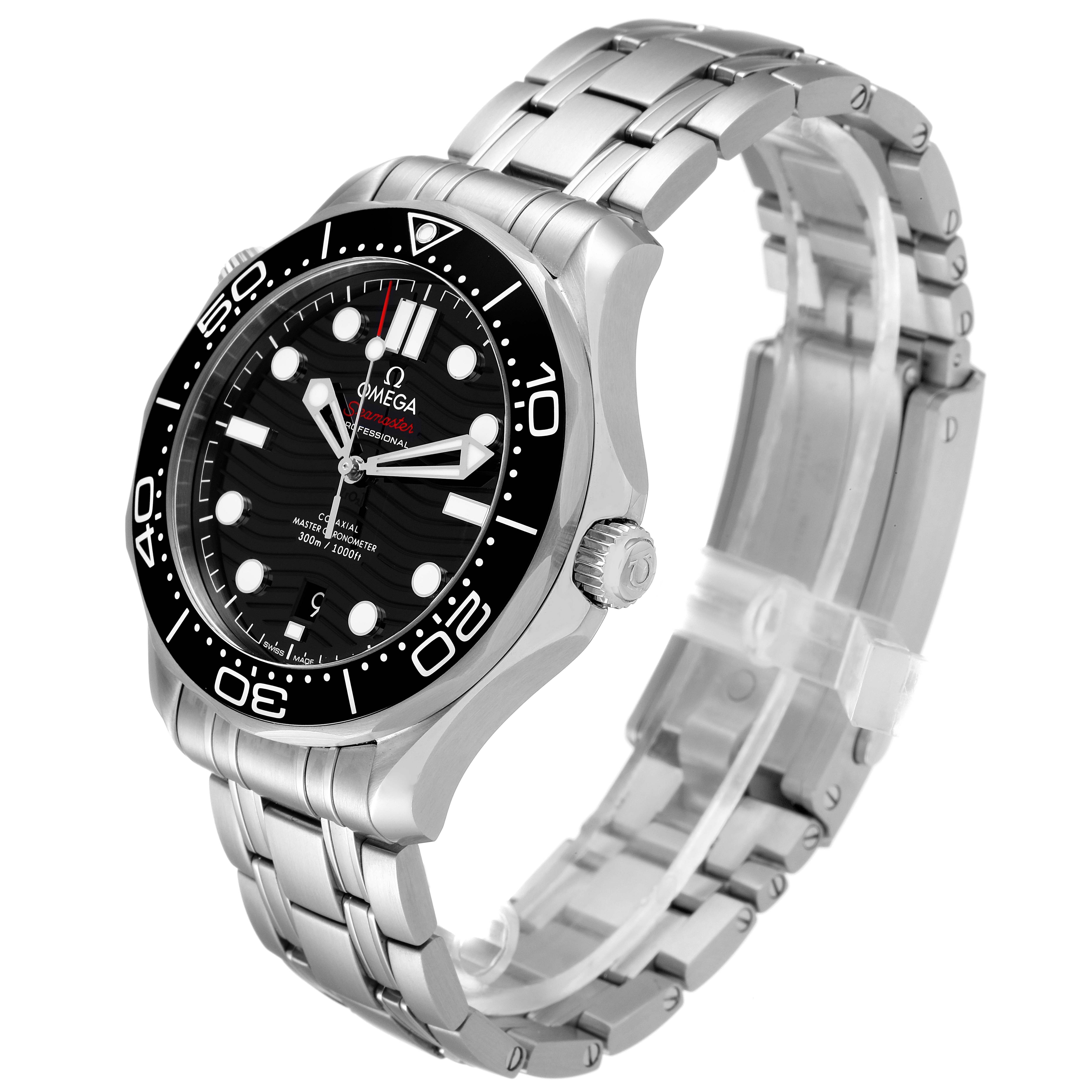 The image shows an Omega Seamaster 210.30.42.20.01.001 Men's Stainless Steel Black Dial 210.30.42.20.01.001 Men's Stainless Steel Black Dial watch at an oblique angle, highlighting the face, bezel, and stainless steel bracelet.