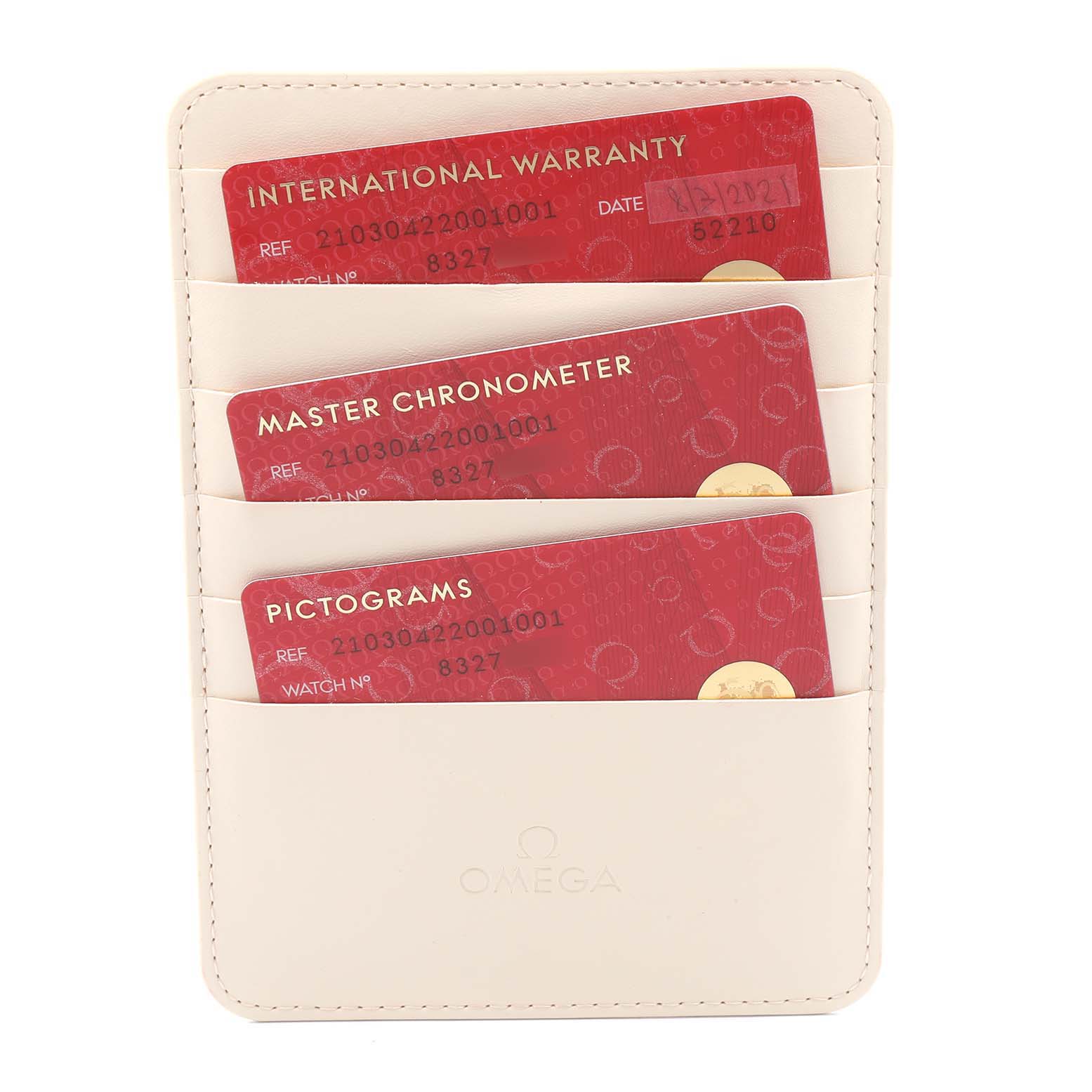 The image shows warranty and certification cards for the Omega Seamaster 210.30.42.20.01.001 Men's Stainless Steel Black Dial 210.30.42.20.01.001 Men's Stainless Steel Black Dial model in a beige cardholder.