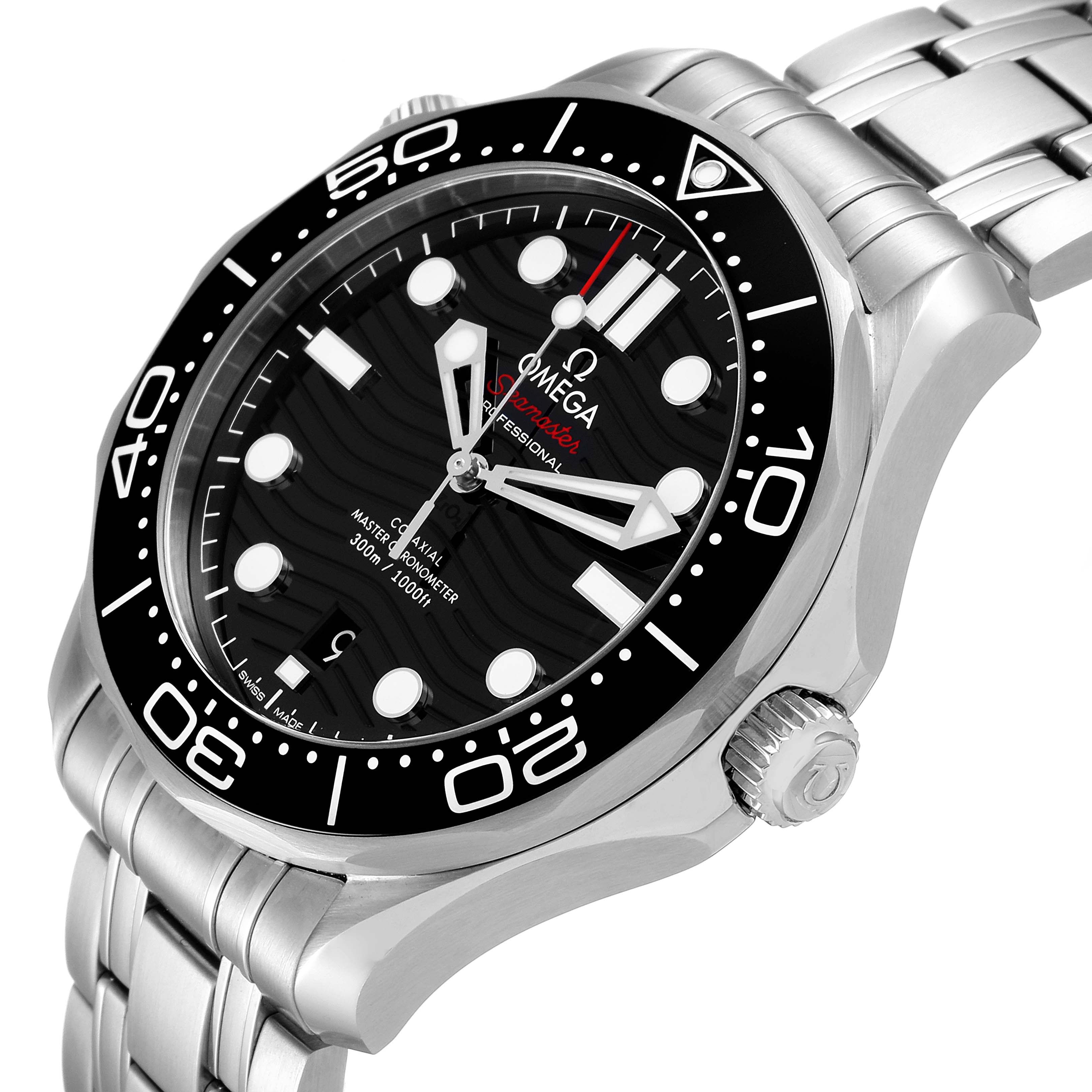 The Omega Seamaster 210.30.42.20.01.001 Men's Stainless Steel Black Dial 210.30.42.20.01.001 Men's Stainless Steel Black Dial watch is shown at a three-quarter angle, highlighting its dial, bezel, crown, and stainless steel bracelet.