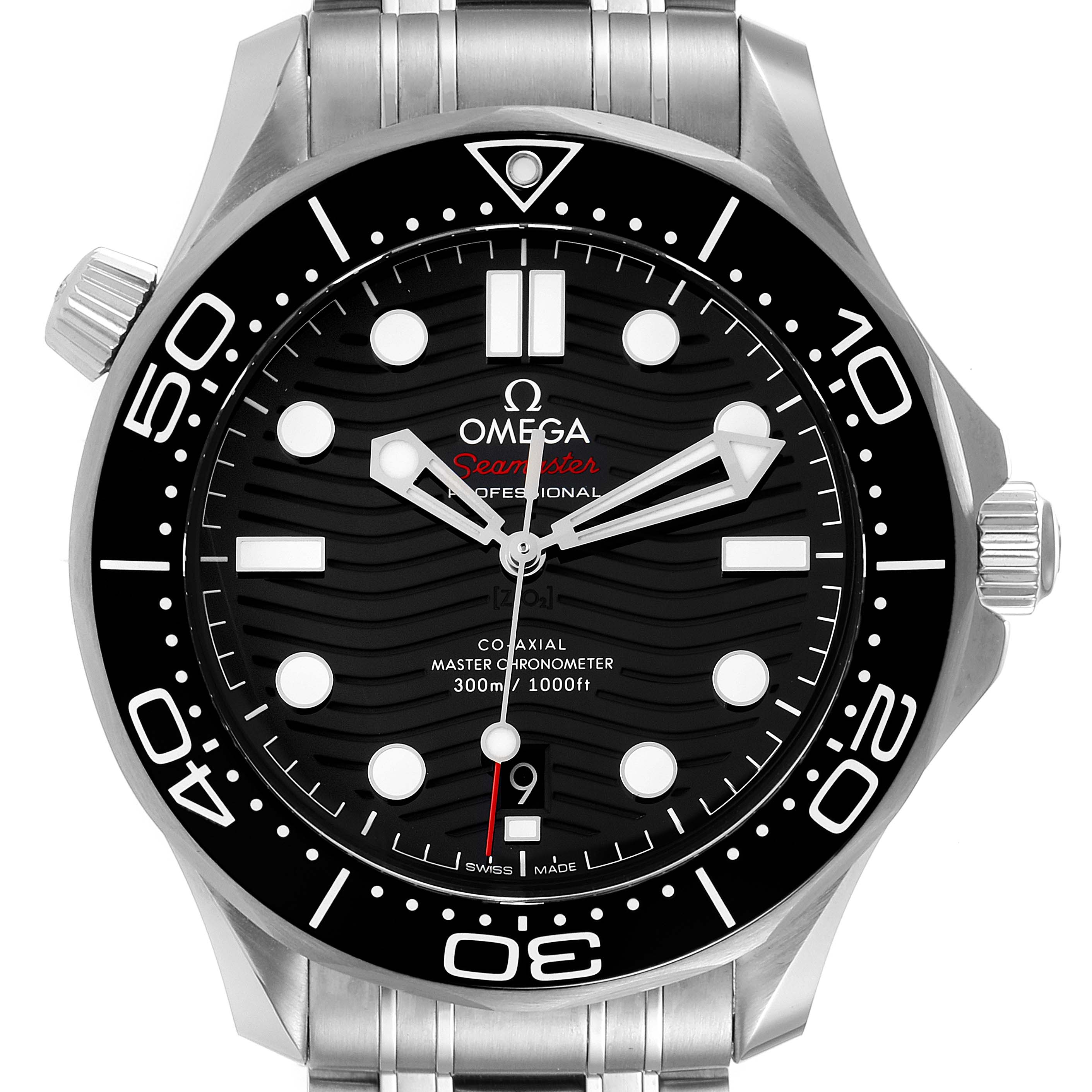 This is a front view of the Omega Seamaster 210.30.42.20.01.001 Men's Stainless Steel Black Dial 210.30.42.20.01.001 Men's Stainless Steel Black Dial Professional, showcasing the dial, bezel, crown, and part of the bracelet.