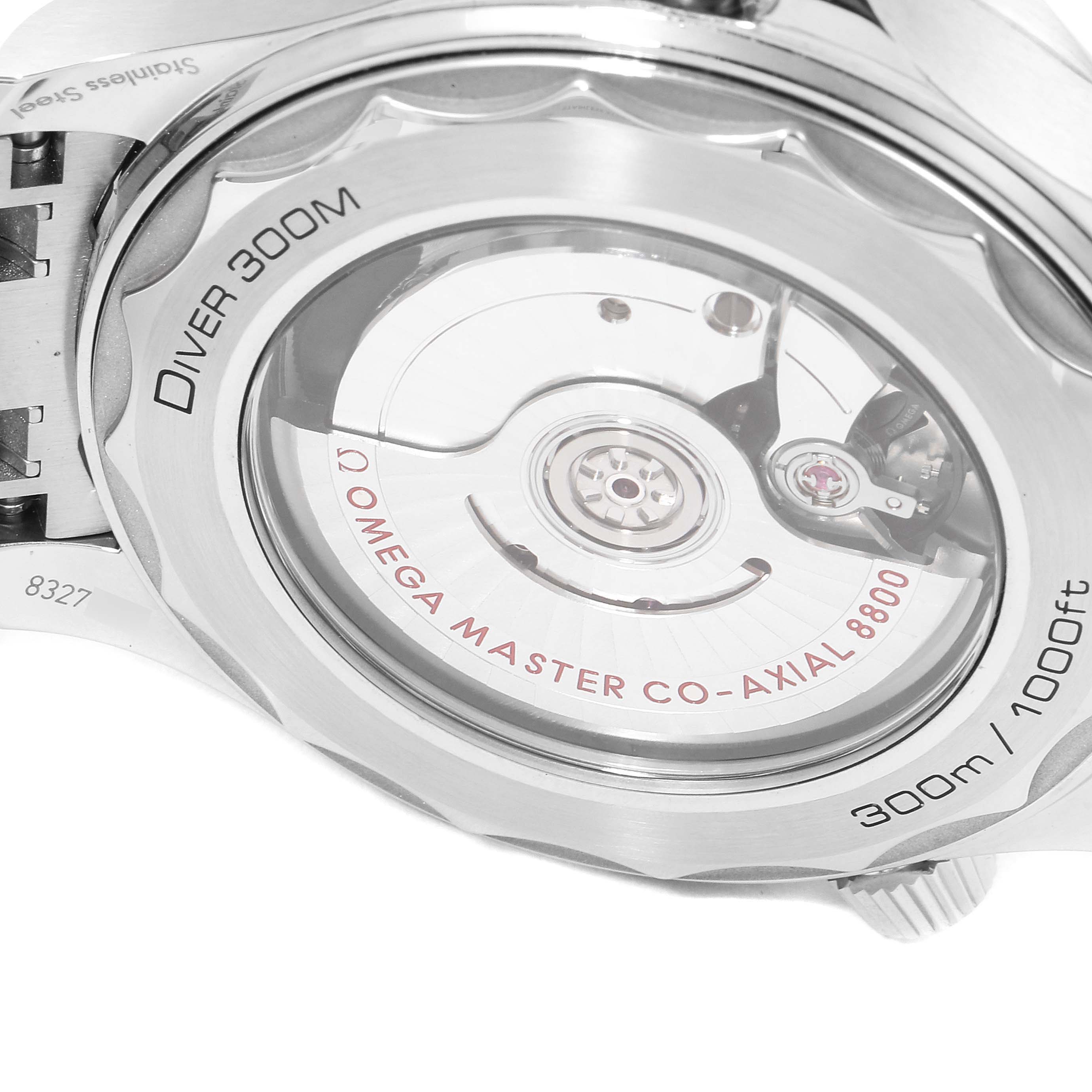 This image shows the case back of the Omega Seamaster 210.30.42.20.01.001 Men's Stainless Steel Black Dial 210.30.42.20.01.001 Men's Stainless Steel Black Dial watch, revealing its mechanical movement and specifications.