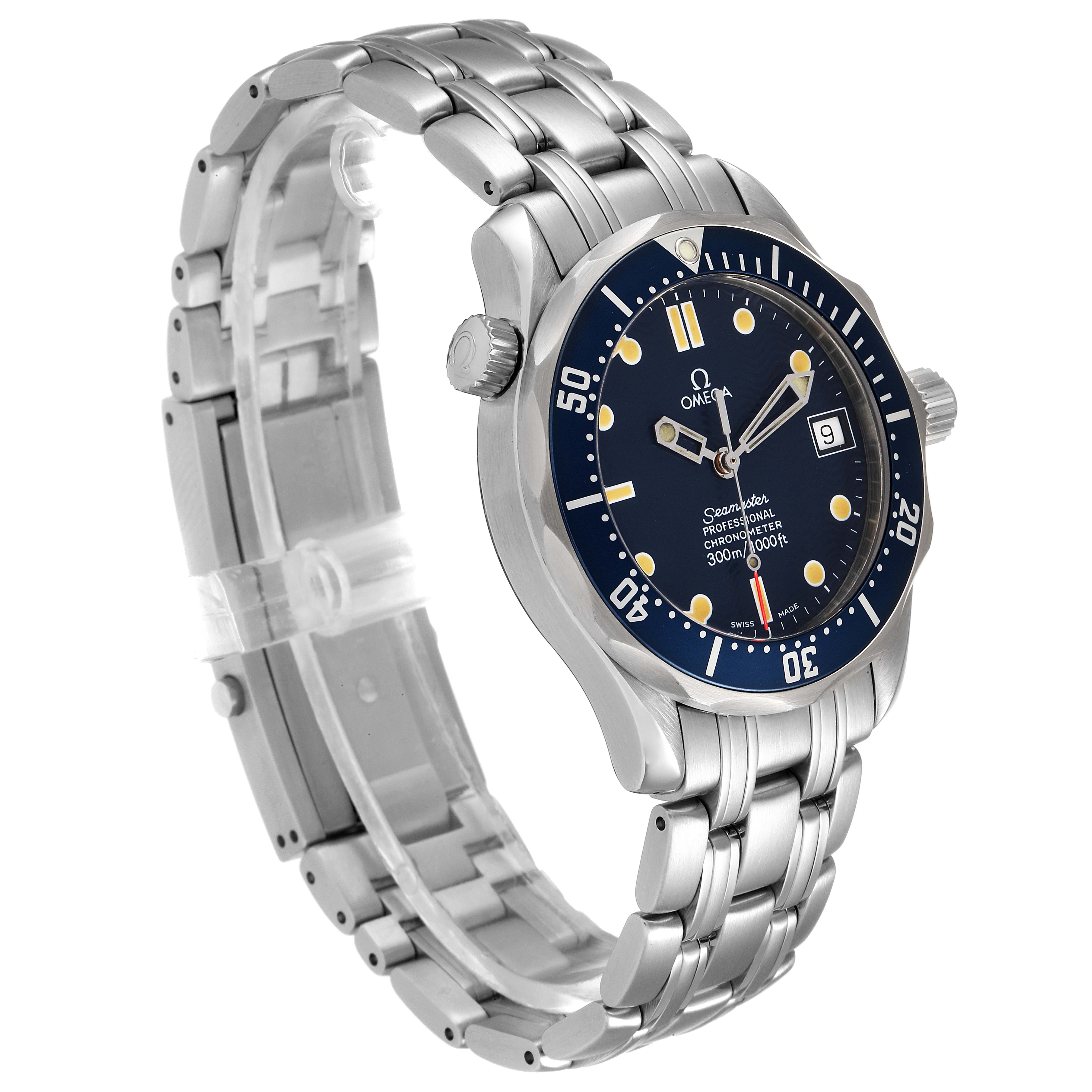 The Omega Seamaster 2551.80.00 Men's Stainless Steel Blue Dial 2551.80.00 Men's Stainless Steel Blue Dial watch is shown at a three-quarter angle, highlighting its bracelet, bezel, and dial.