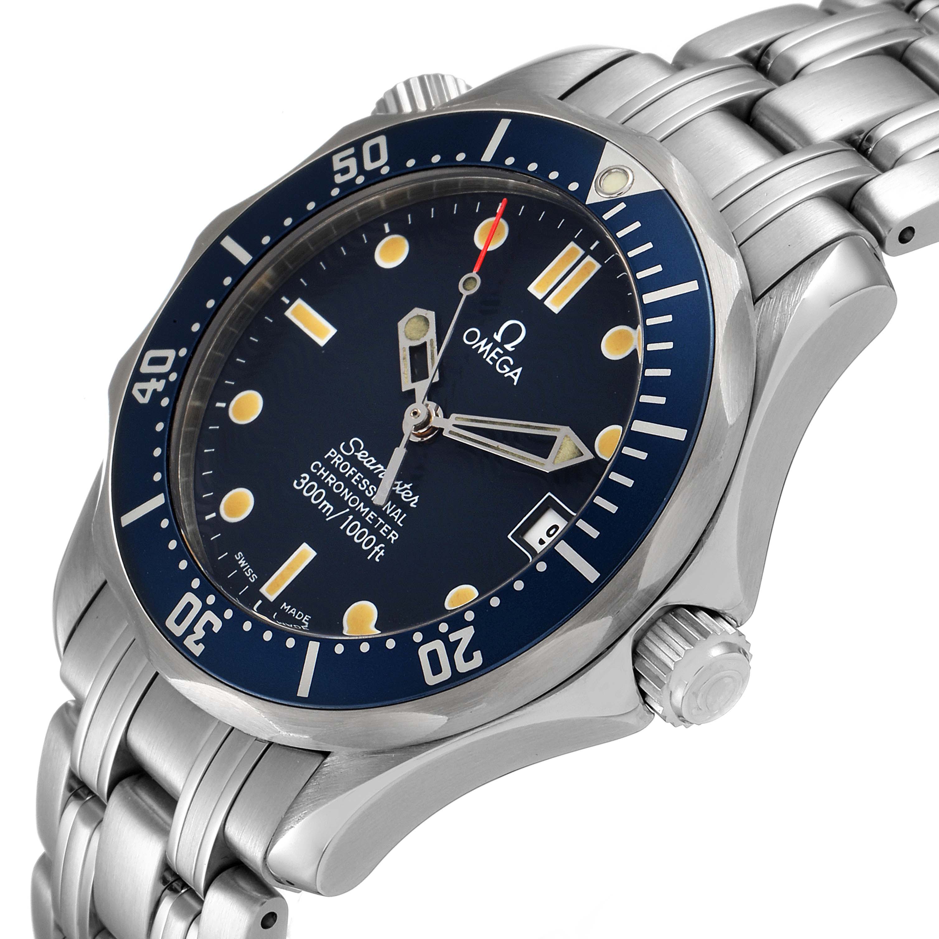 The Omega Seamaster 2551.80.00 Men's Stainless Steel Blue Dial 2551.80.00 Men's Stainless Steel Blue Dial watch is shown from a three-quarter angle, highlighting the face, crown, bezel, and stainless steel bracelet.