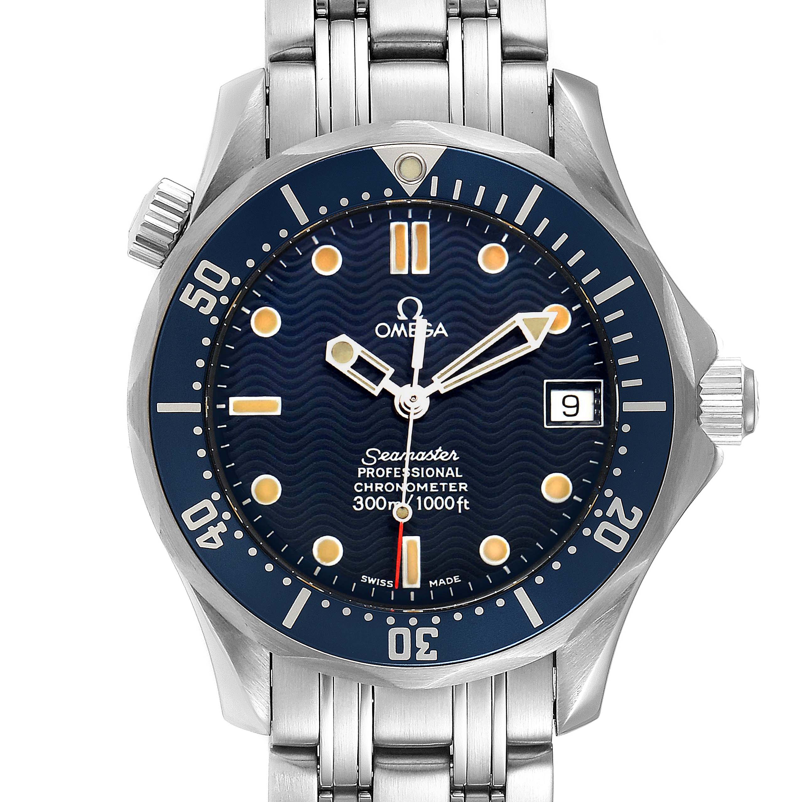The Omega Seamaster 2551.80.00 Men's Stainless Steel Blue Dial 2551.80.00 Men's Stainless Steel Blue Dial watch is shown head-on, featuring the dial, bezel, and part of the bracelet.