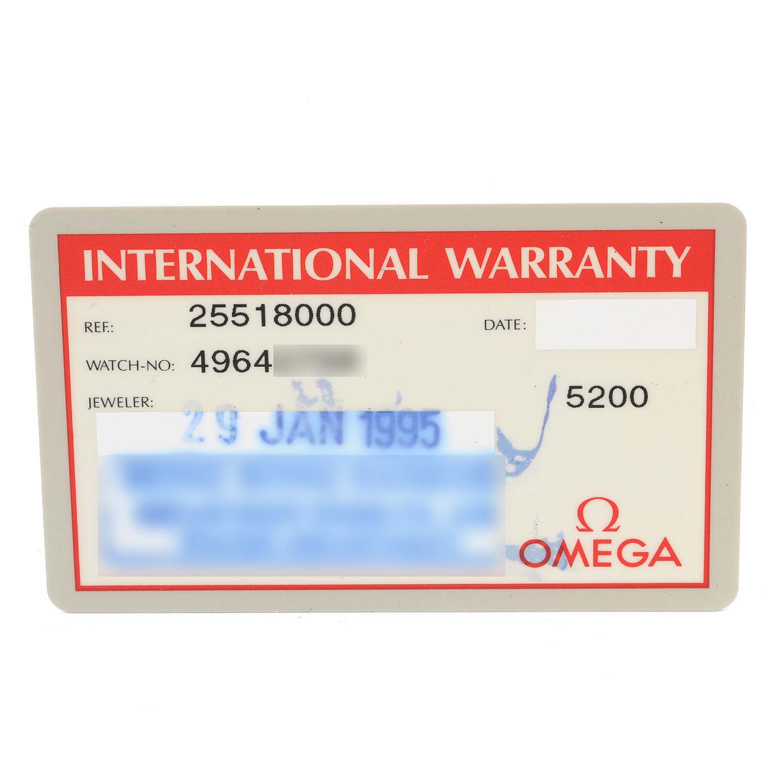 This image shows the international warranty card for the Omega Seamaster 2551.80.00 Men's Stainless Steel Blue Dial 2551.80.00 Men's Stainless Steel Blue Dial watch model.