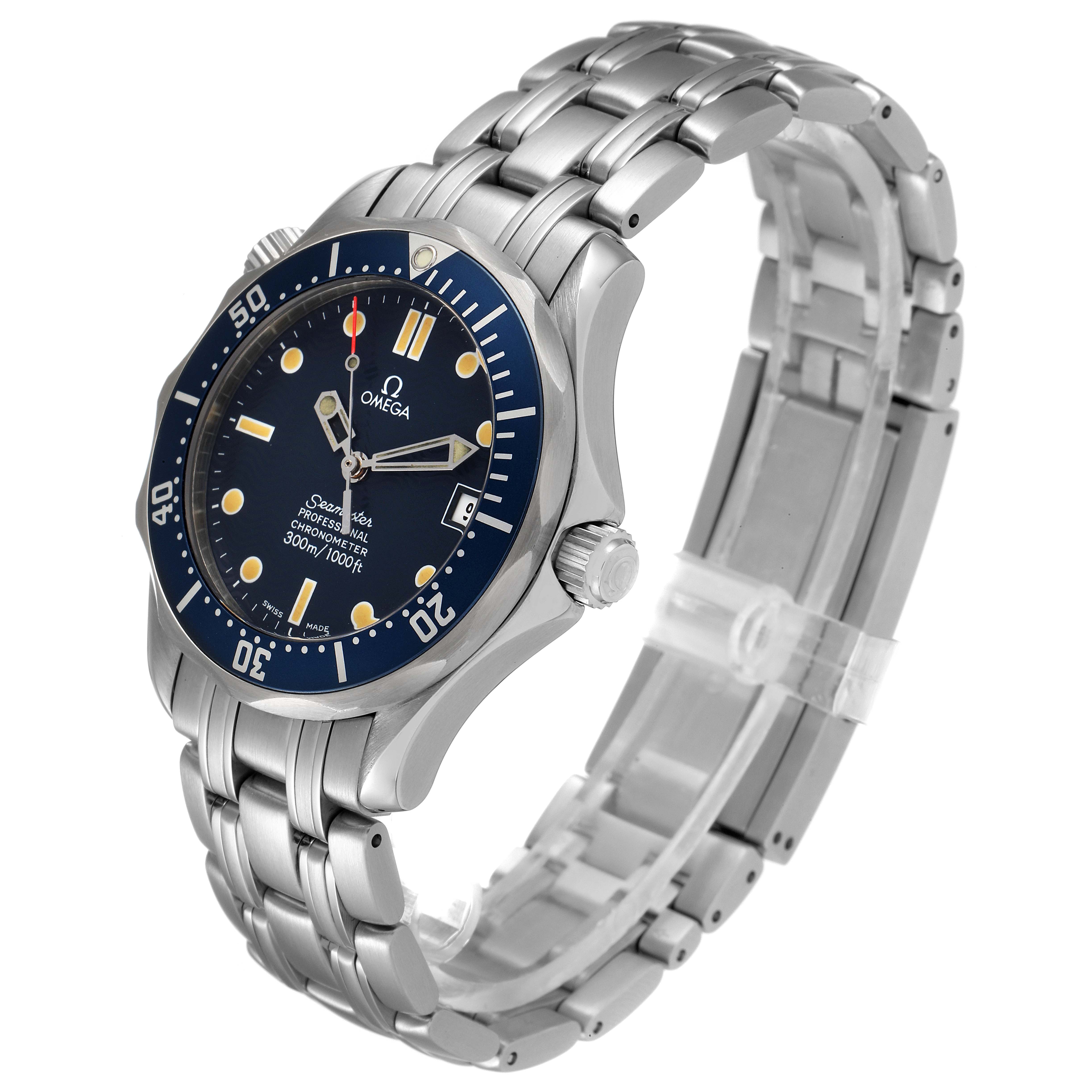 The Omega Seamaster 2551.80.00 Men's Stainless Steel Blue Dial 2551.80.00 Men's Stainless Steel Blue Dial watch is shown at a three-quarter angle, displaying its face, bezel, crown, and stainless steel bracelet.