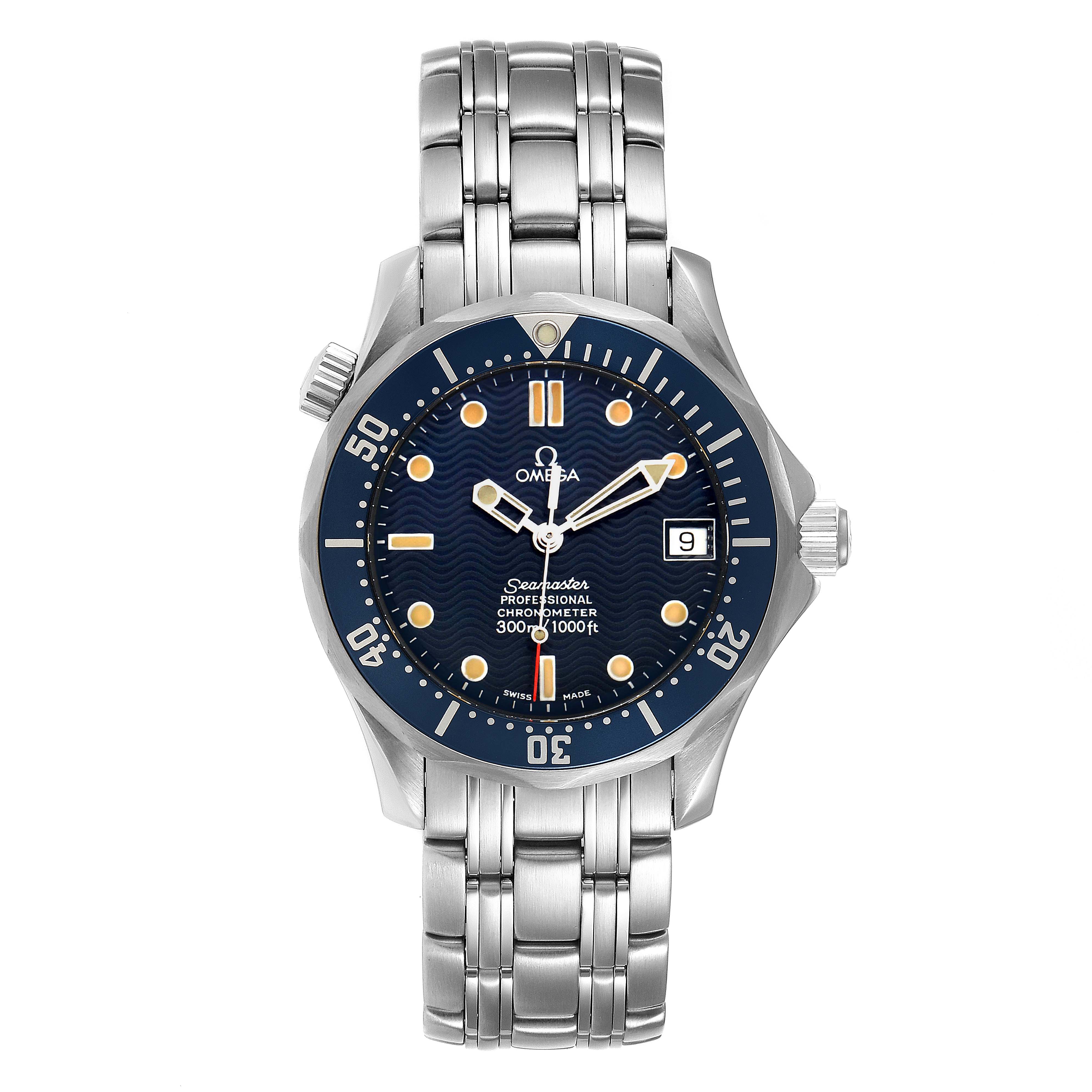 The image shows a front view of the Omega Seamaster 2551.80.00 Men's Stainless Steel Blue Dial 2551.80.00 Men's Stainless Steel Blue Dial watch, displaying its dial, bezel, crown, and bracelet.