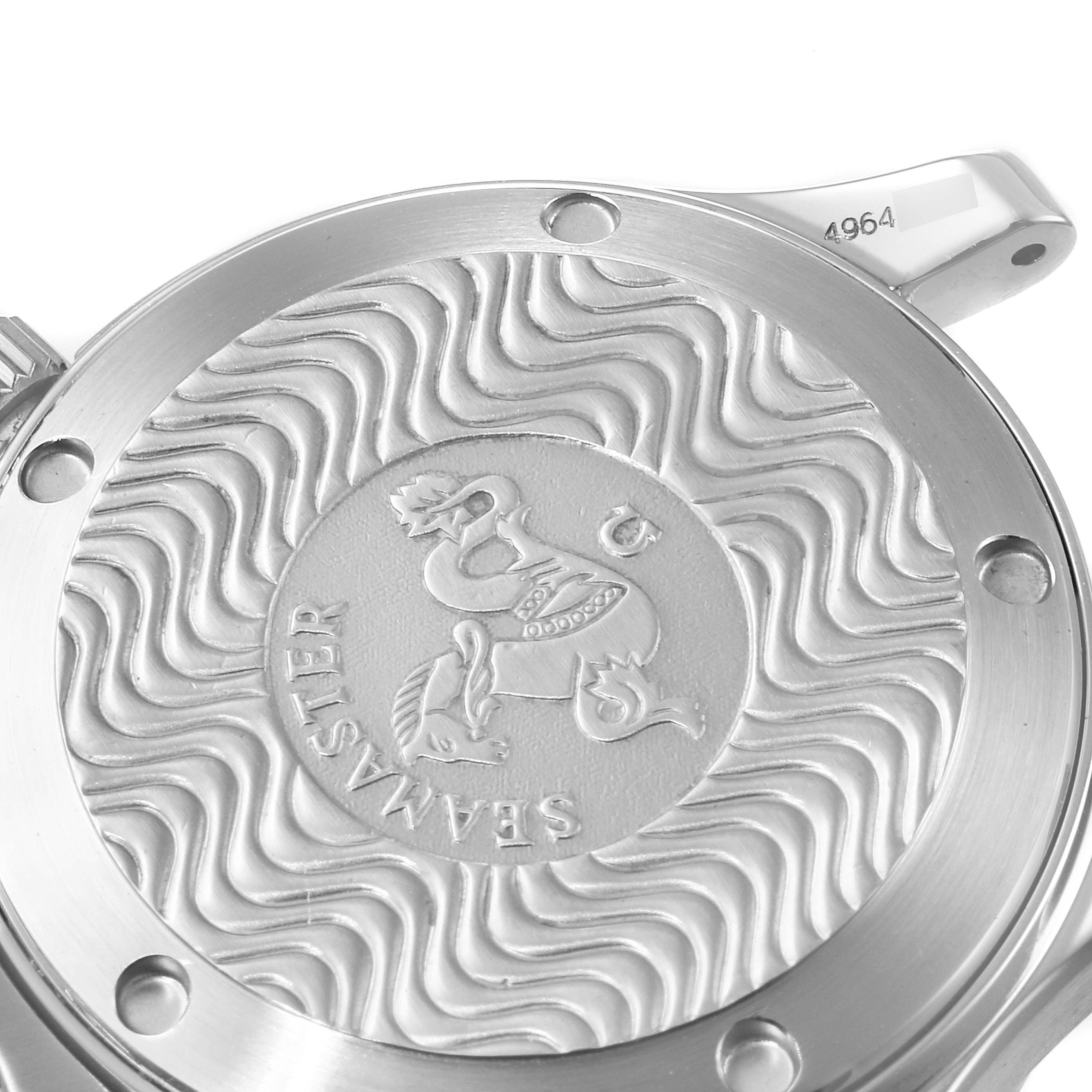 The image shows the engraved case back of an Omega Seamaster 2551.80.00 Men's Stainless Steel Blue Dial 2551.80.00 Men's Stainless Steel Blue Dial watch viewed from the rear side.