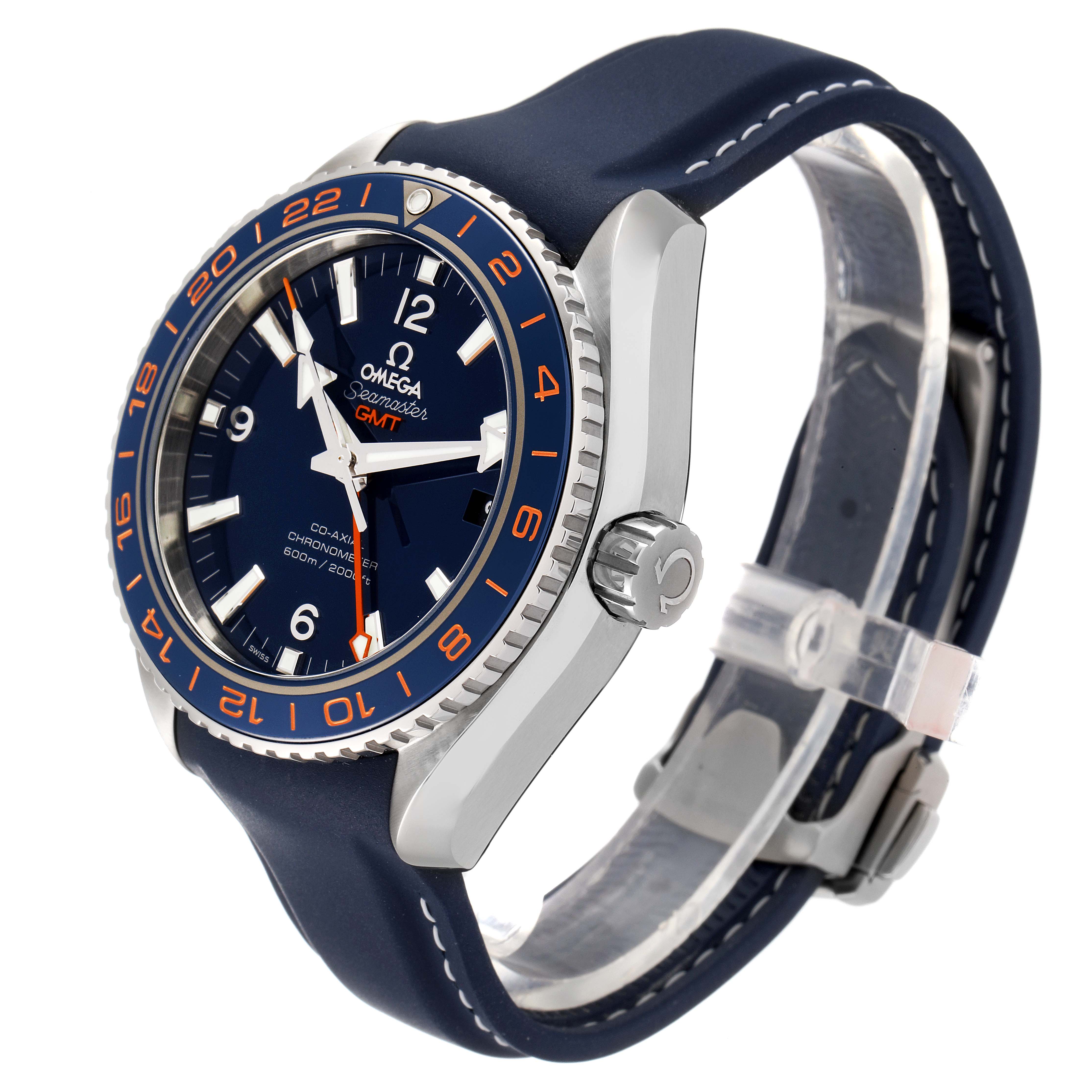 The image shows an Omega Planet Ocean 232.30.44.22.03.001 Men
s Stainless Steel Blue Dial 232.30.44.22.03.001 Men
s Stainless Steel Blue Dial watch at an angle highlighting the face, bezel, crown, and strap.
