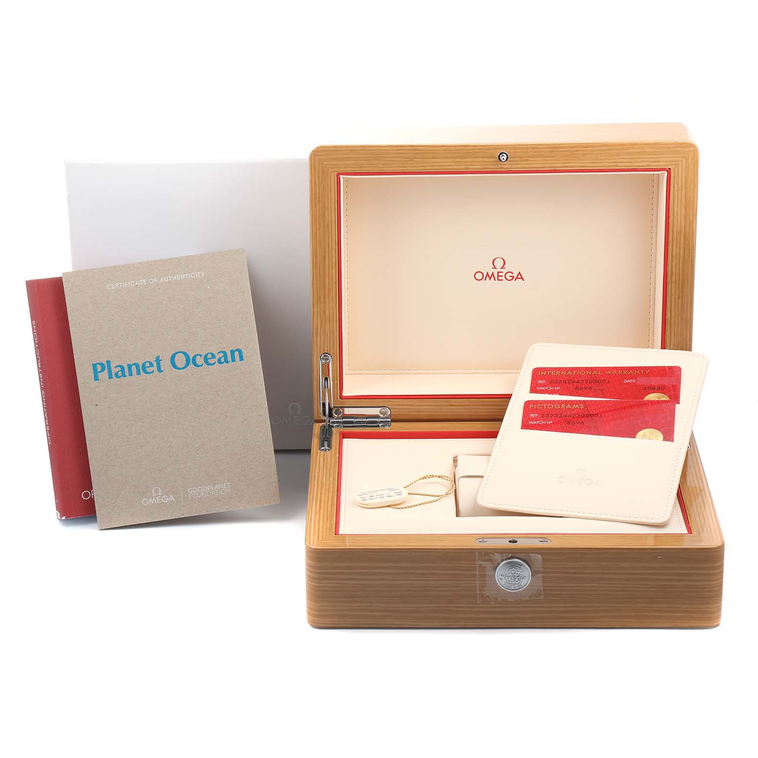 The image shows an Omega Planet Ocean 232.30.44.22.03.001 Men
s Stainless Steel Blue Dial 232.30.44.22.03.001 Men
s Stainless Steel Blue Dial watch box, open at an angle, with a booklet, warranty cards, and Best Quality
ity certification.