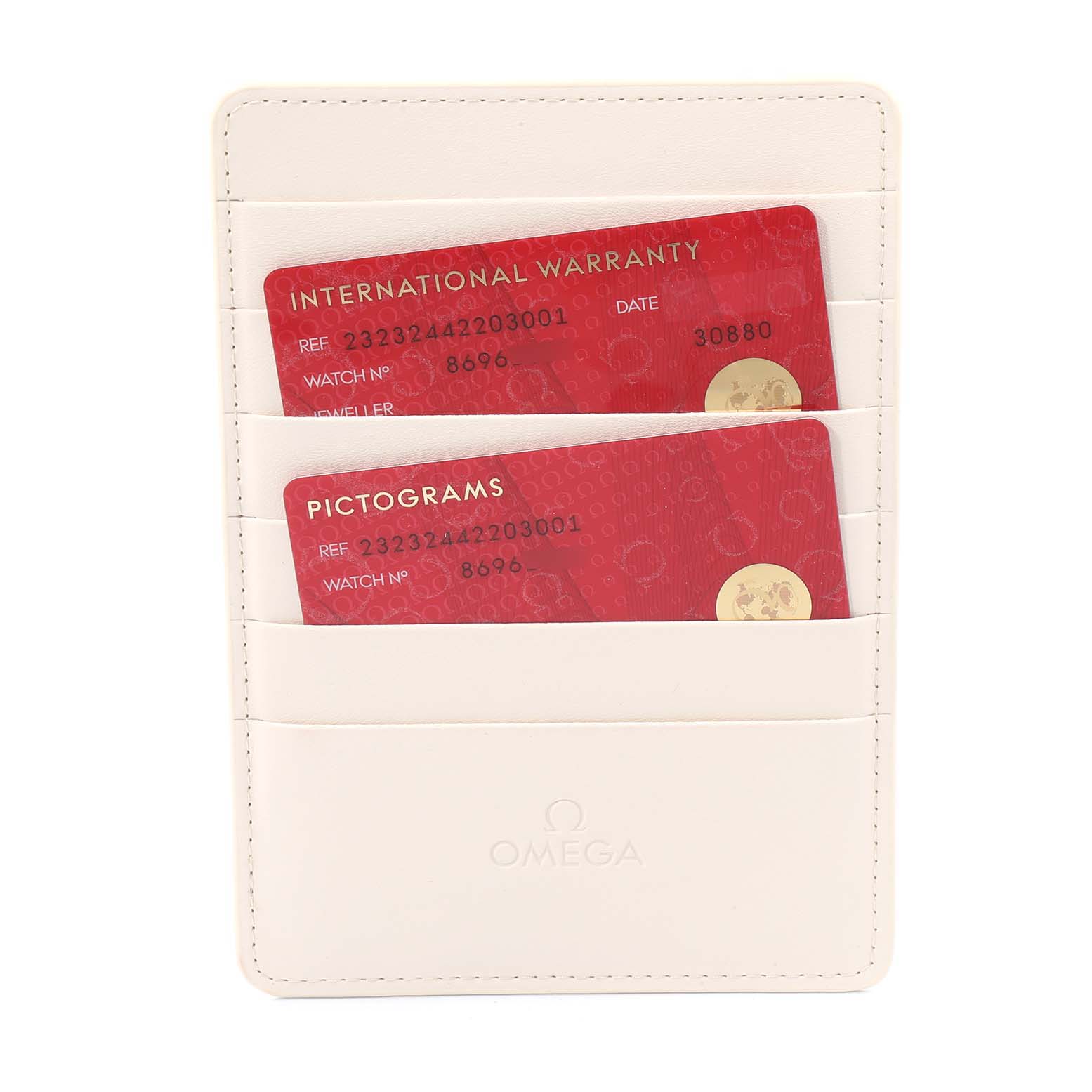 The image shows the warranty and pictogram cards for the Omega Planet Ocean 232.30.44.22.03.001 Men
s Stainless Steel Blue Dial 232.30.44.22.03.001 Men
s Stainless Steel Blue Dial watch, placed in a white Omega card holder.