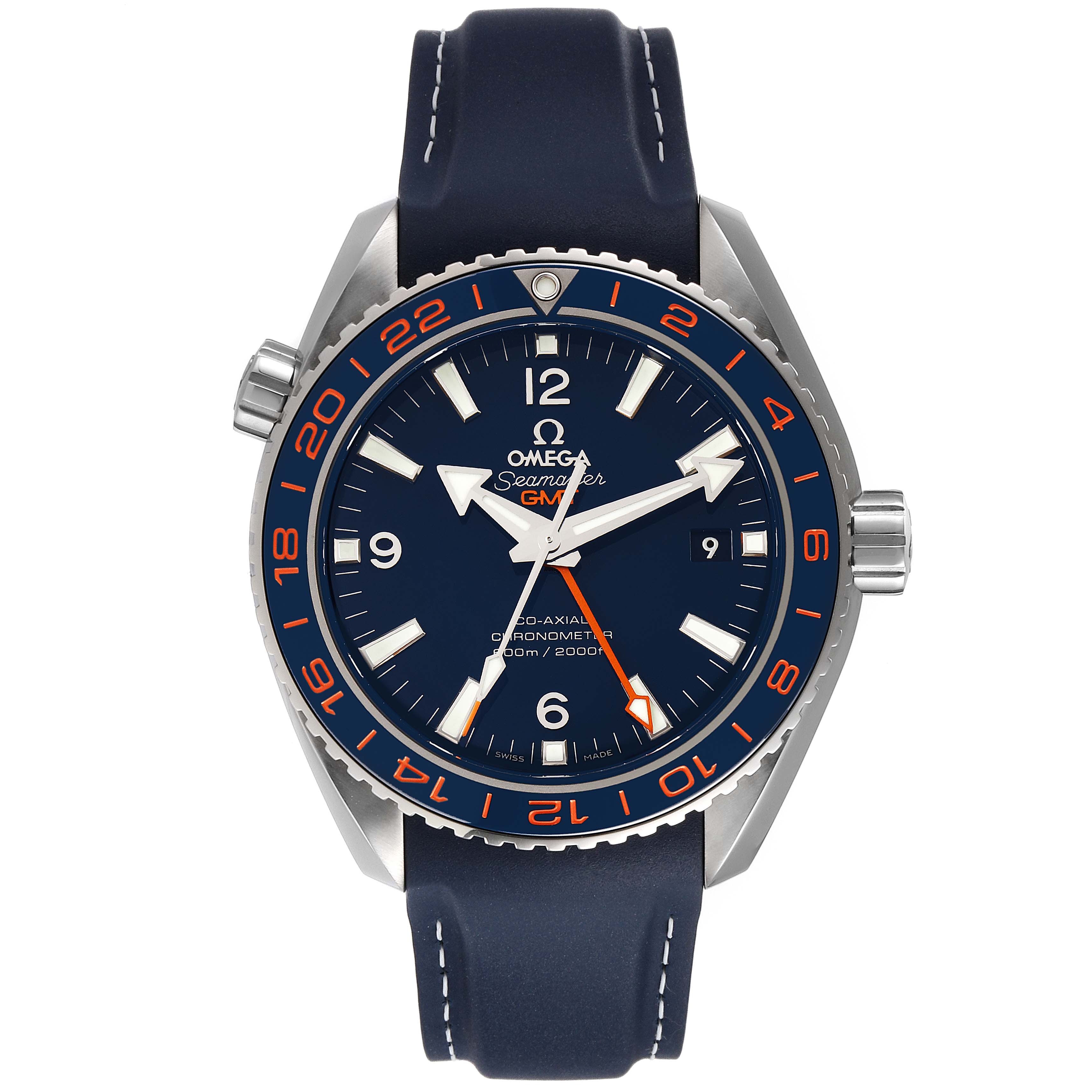 The image shows a front-facing view of an Omega Planet Ocean 232.30.44.22.03.001 Men
s Stainless Steel Blue Dial 232.30.44.22.03.001 Men
s Stainless Steel Blue Dial model, showcasing its dial, bezel, crown, and strap.