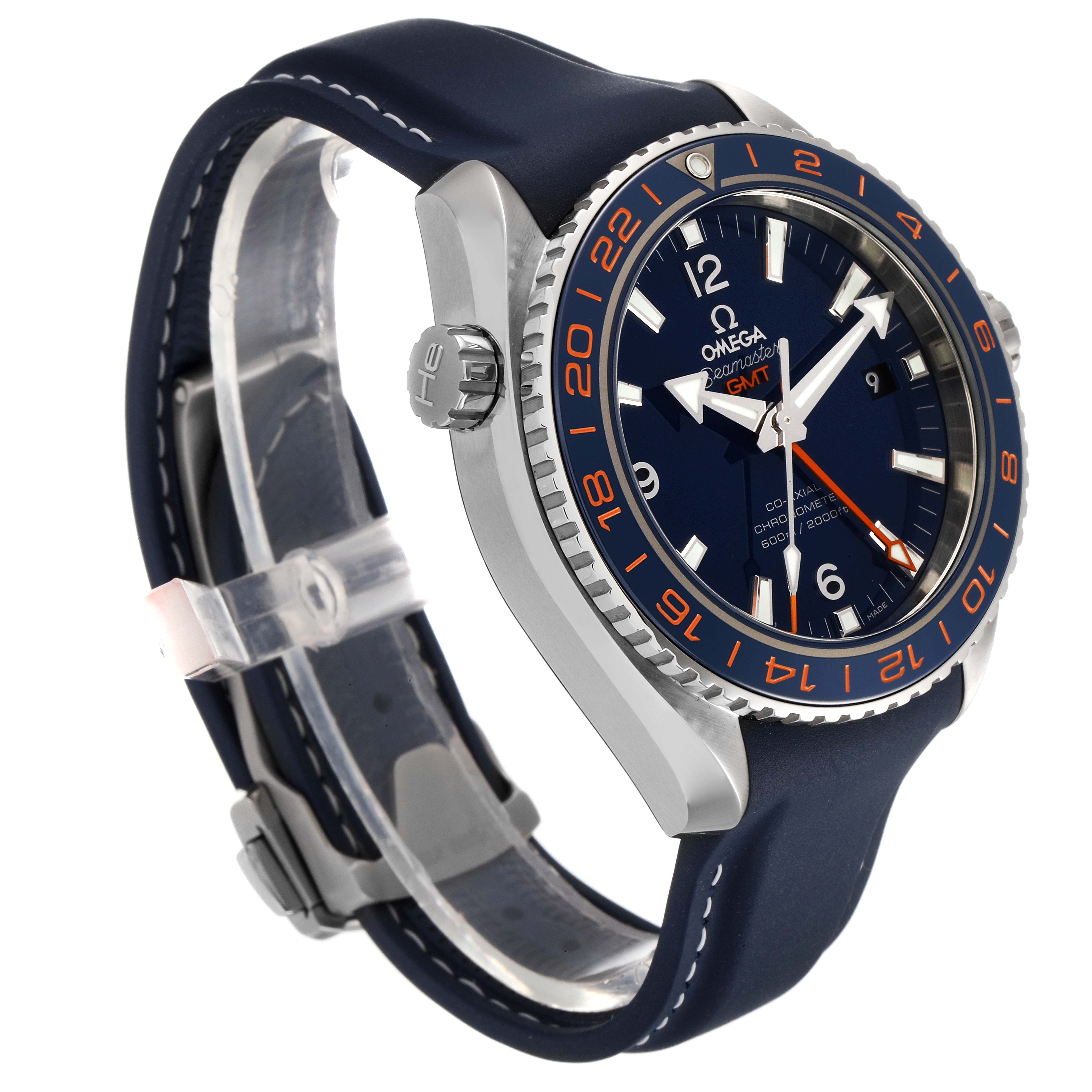 The image shows an angled side view of the Omega Planet Ocean 232.30.44.22.03.001 Men
s Stainless Steel Blue Dial 232.30.44.22.03.001 Men
s Stainless Steel Blue Dial watch, featuring its dial, bezel, crown, and strap.