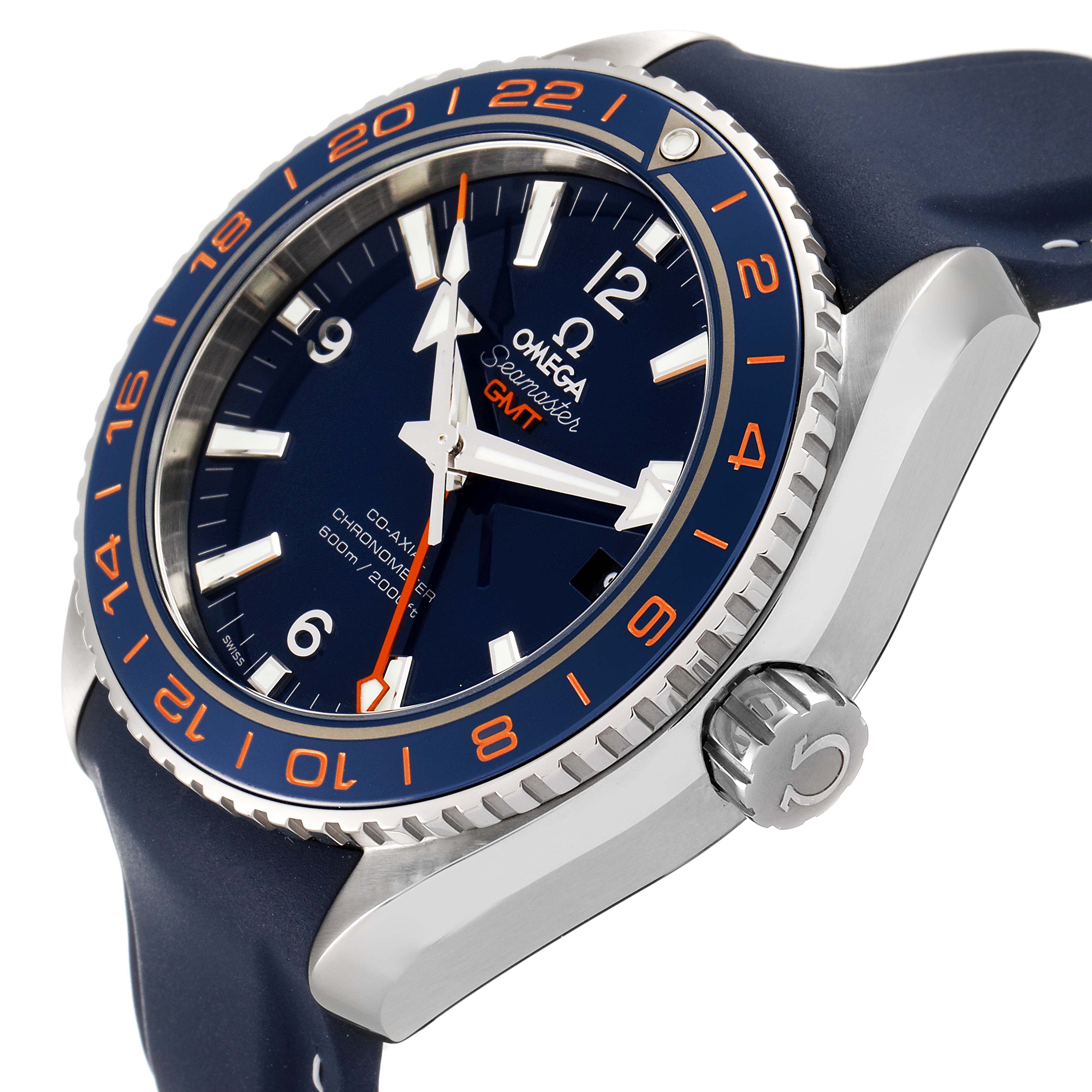 This image shows a side and face angle of an Omega Planet Ocean 232.30.44.22.03.001 Men
s Stainless Steel Blue Dial 232.30.44.22.03.001 Men
s Stainless Steel Blue Dial Seamaster GMT watch.
