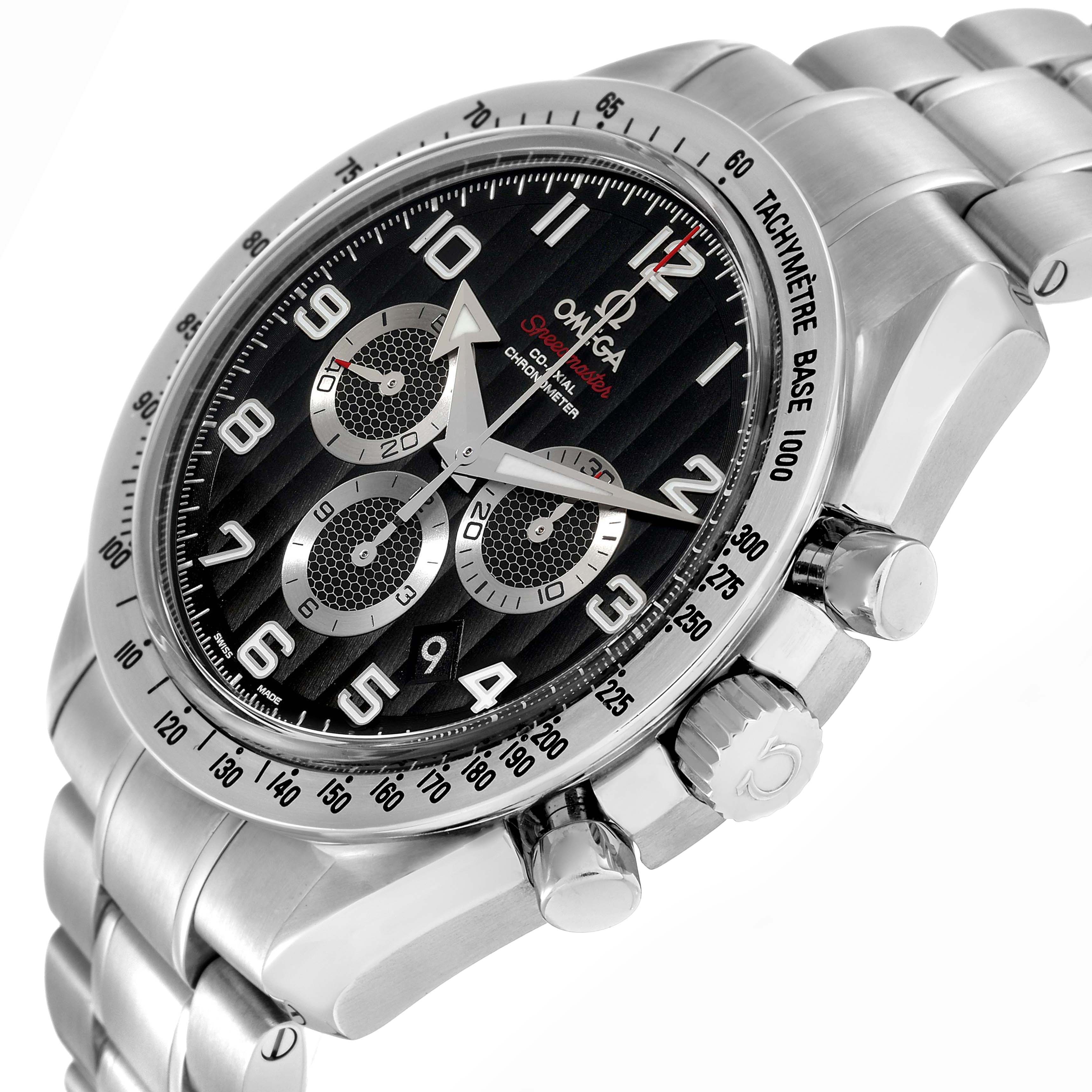 The Omega Speedmaster 321.10.44.50.01.001 Men's Stainless Steel Black Dial 321.10.44.50.01.001 Men's Stainless Steel Black Dial watch is shown at an angled close-up, highlighting the dial, bezel, and crown.