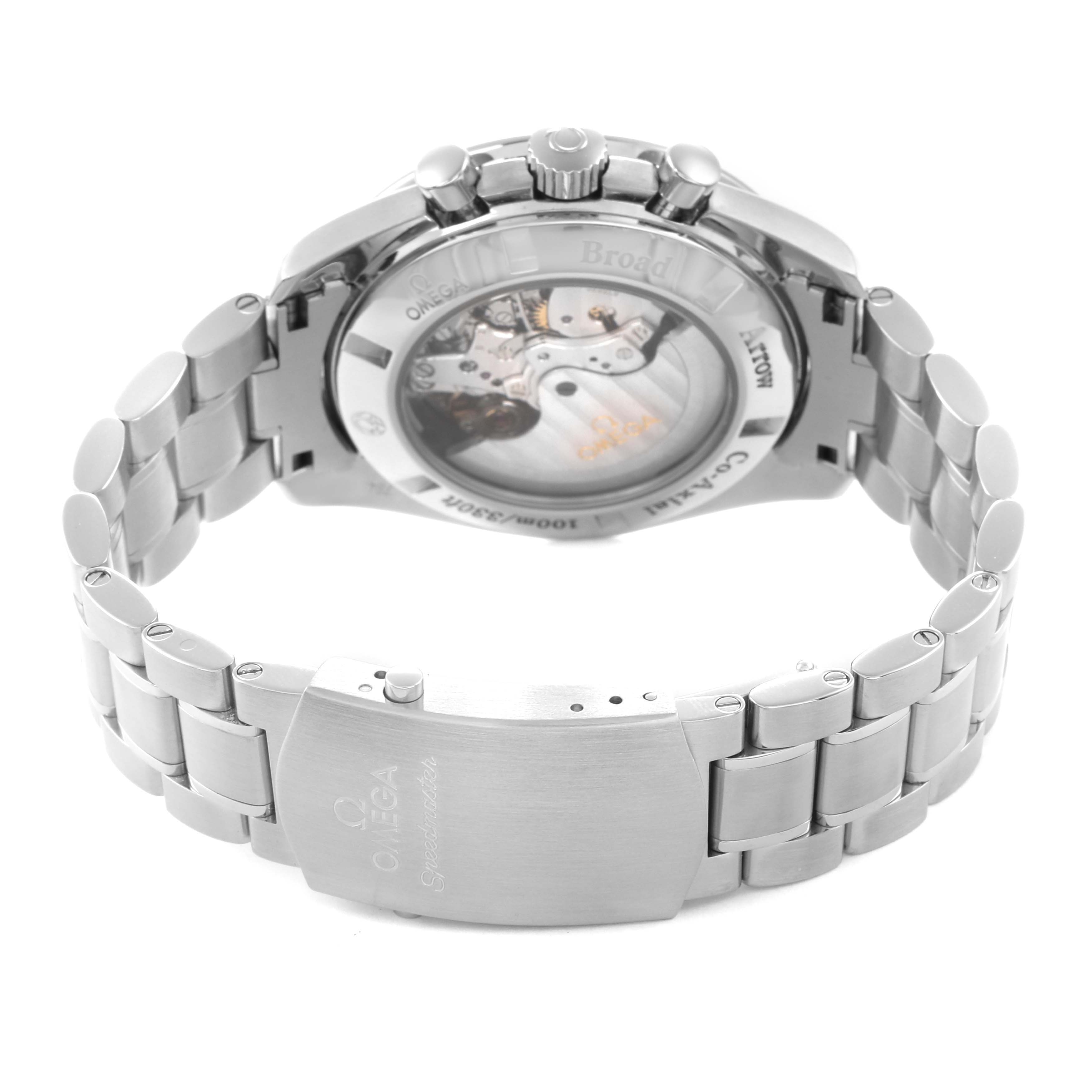 The Omega Speedmaster 321.10.44.50.01.001 Men's Stainless Steel Black Dial 321.10.44.50.01.001 Men's Stainless Steel Black Dial watch is shown from the back, highlighting the bracelet, clasp, and transparent case back with visible movement.