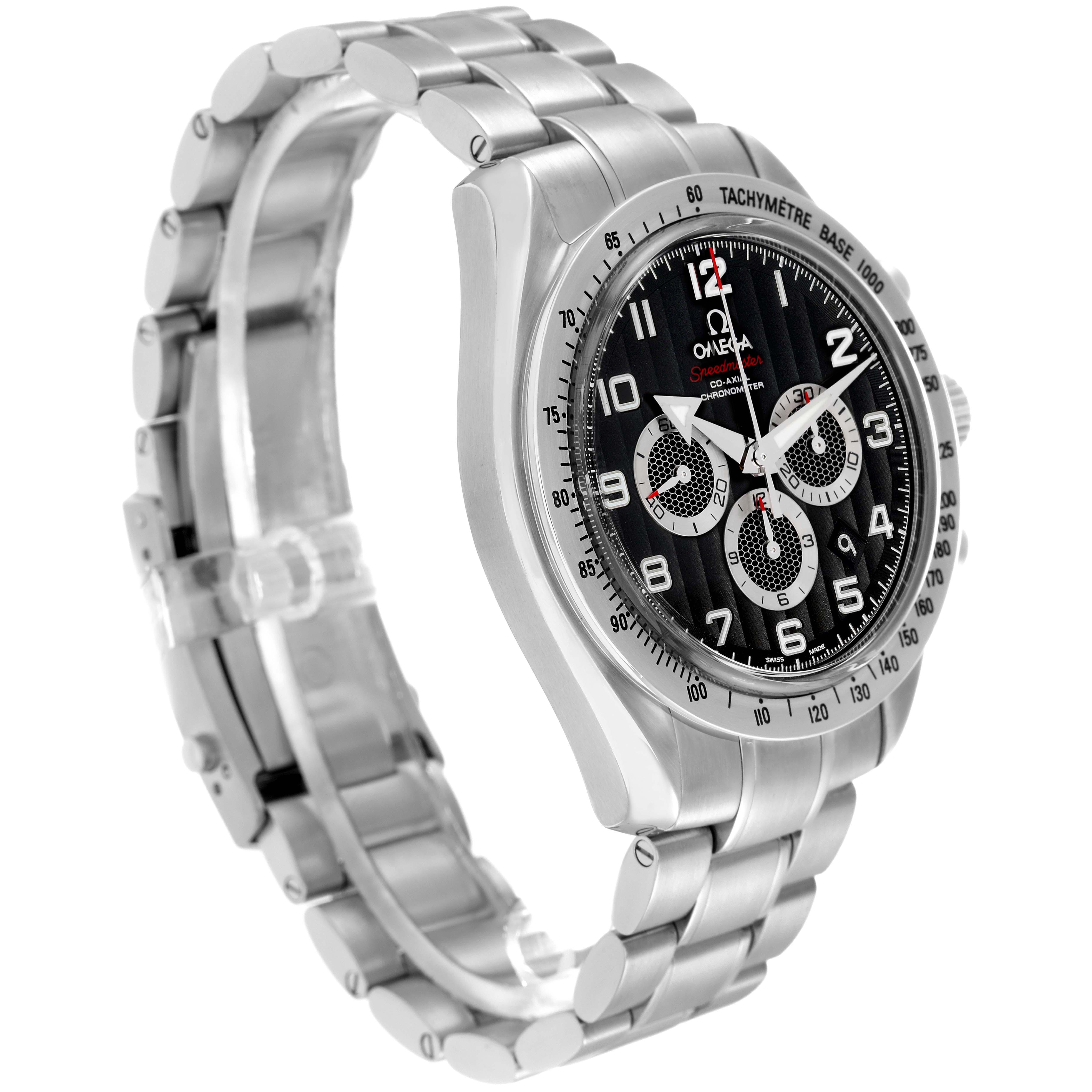 The Omega Speedmaster 321.10.44.50.01.001 Men's Stainless Steel Black Dial 321.10.44.50.01.001 Men's Stainless Steel Black Dial watch is shown from a three-quarter angle, displaying the face, bezel, and stainless steel bracelet.