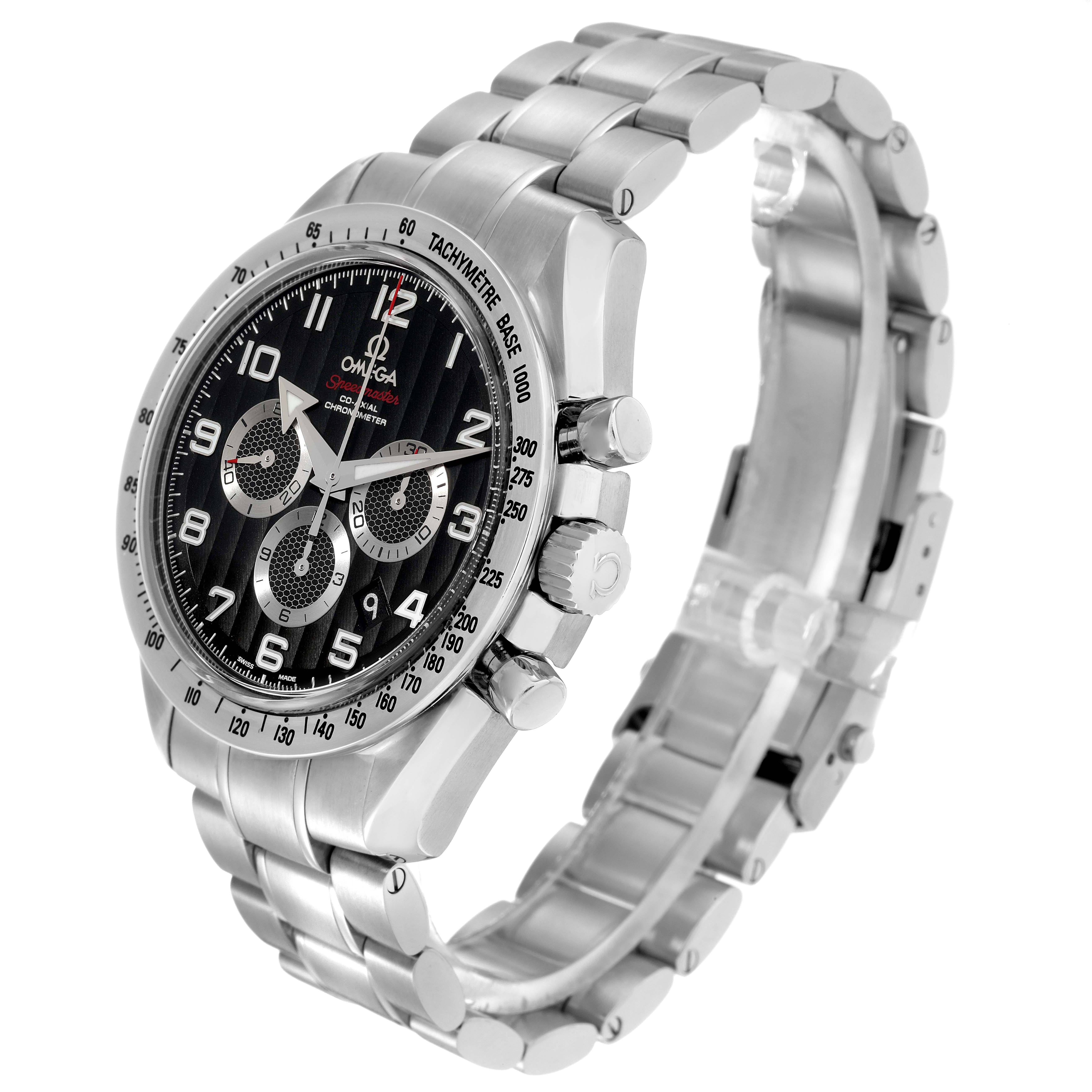 The Omega Speedmaster 321.10.44.50.01.001 Men's Stainless Steel Black Dial 321.10.44.50.01.001 Men's Stainless Steel Black Dial watch is angled to show the dial, bezel, pushers, and part of the metal bracelet.