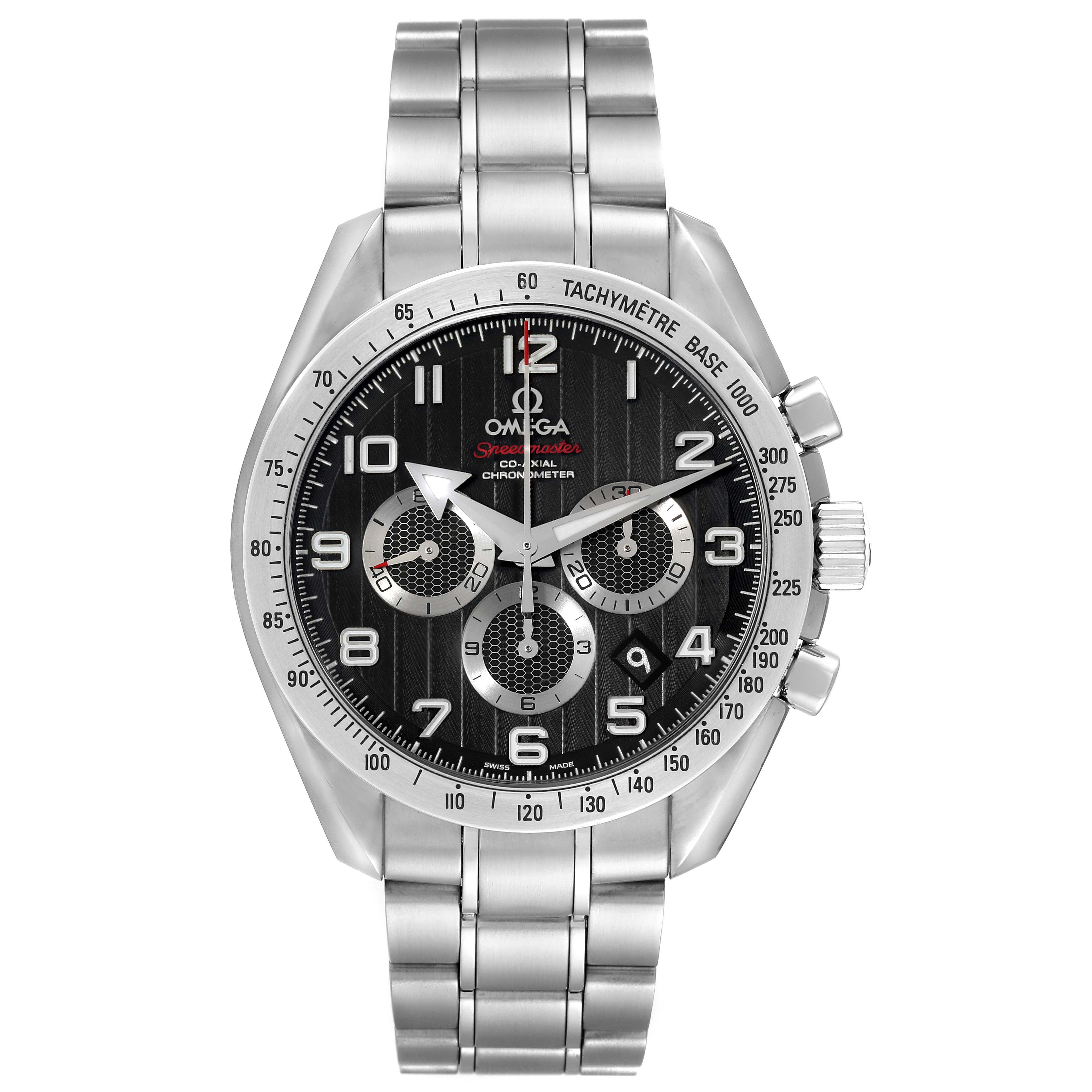 The Omega Speedmaster 321.10.44.50.01.001 Men's Stainless Steel Black Dial 321.10.44.50.01.001 Men's Stainless Steel Black Dial watch is shown from the top, displaying the dial, hands, subdials, tachymeter, and metal bracelet.