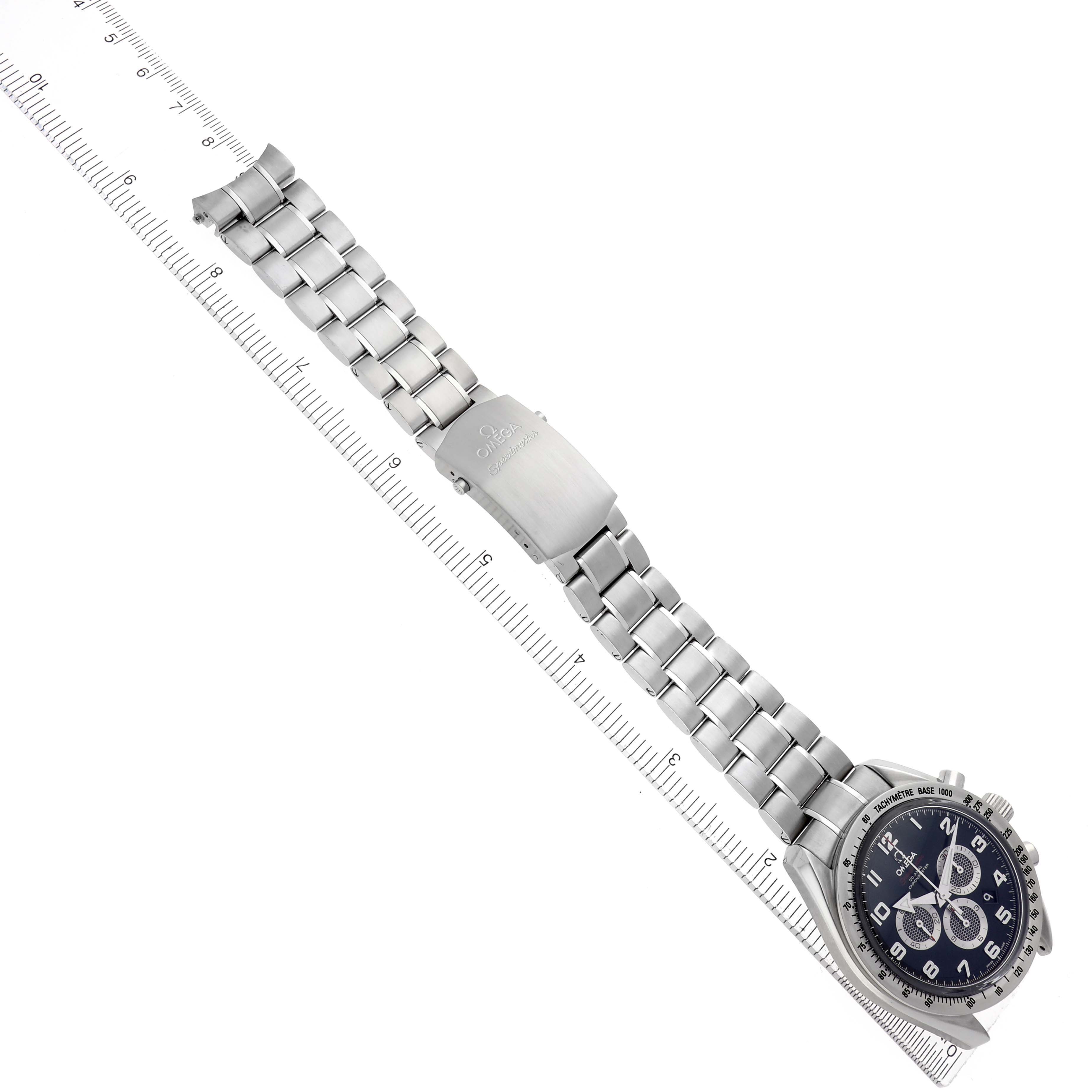 The Omega Speedmaster 321.10.44.50.01.001 Men's Stainless Steel Black Dial 321.10.44.50.01.001 Men's Stainless Steel Black Dial watch is shown at an angle, featuring the watch face, metal bracelet, and clasp.