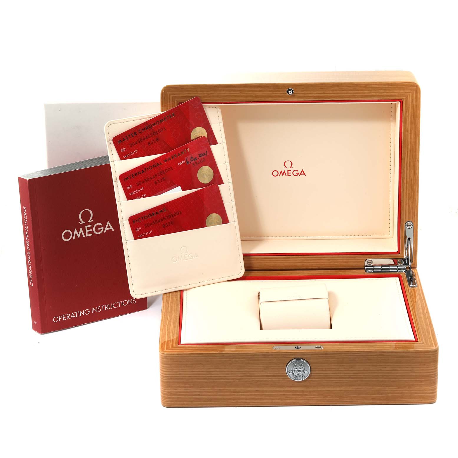 The image shows the Omega Speedmaster 304.30.44.52.01.001 Men
s Stainless Steel Black Dial 304.30.44.52.01.001 Men
s Stainless Steel Black Dial
s wooden box, instruction manual, and warranty cards from a frontal angle.