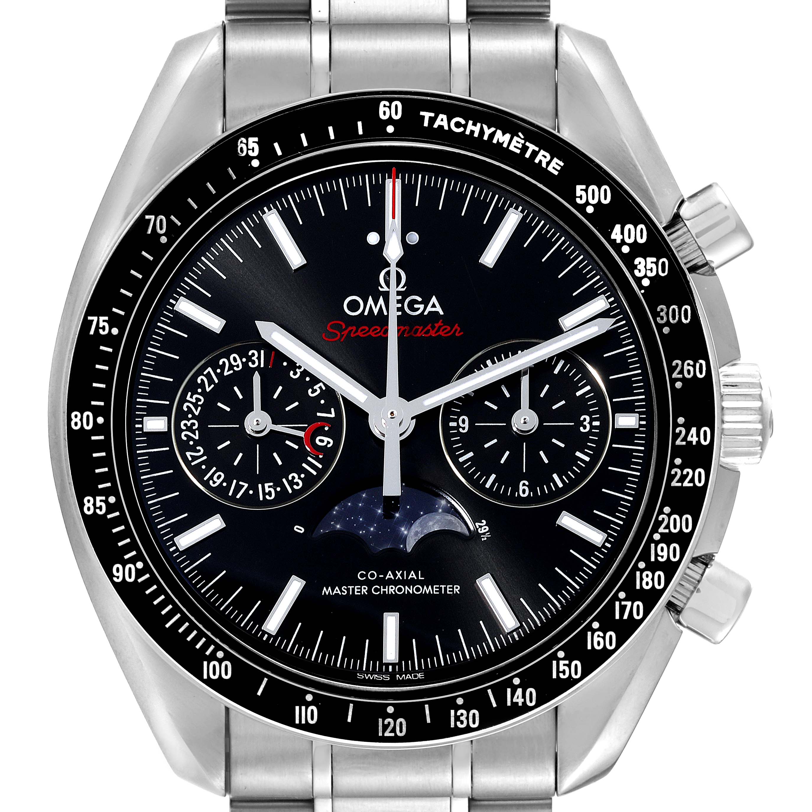 The image shows a straight-on view of the Omega Speedmaster 304.30.44.52.01.001 Men
s Stainless Steel Black Dial 304.30.44.52.01.001 Men
s Stainless Steel Black Dial watch, highlighting its dial, bezel, and bracelet.