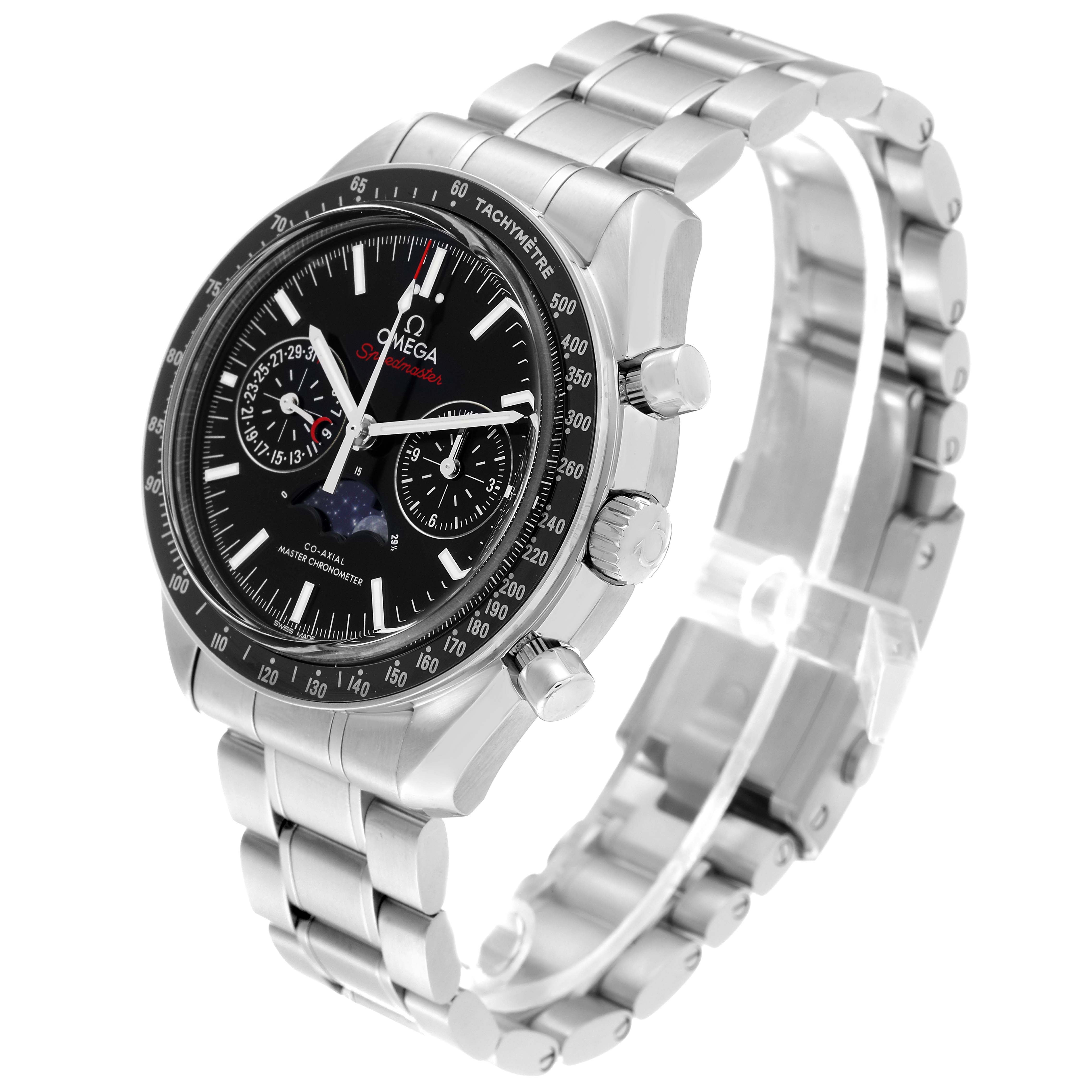 The image shows an angled view of an Omega Speedmaster 304.30.44.52.01.001 Men
s Stainless Steel Black Dial 304.30.44.52.01.001 Men
s Stainless Steel Black Dial watch, displaying the dial, tachymeter bezel, and metal bracelet.