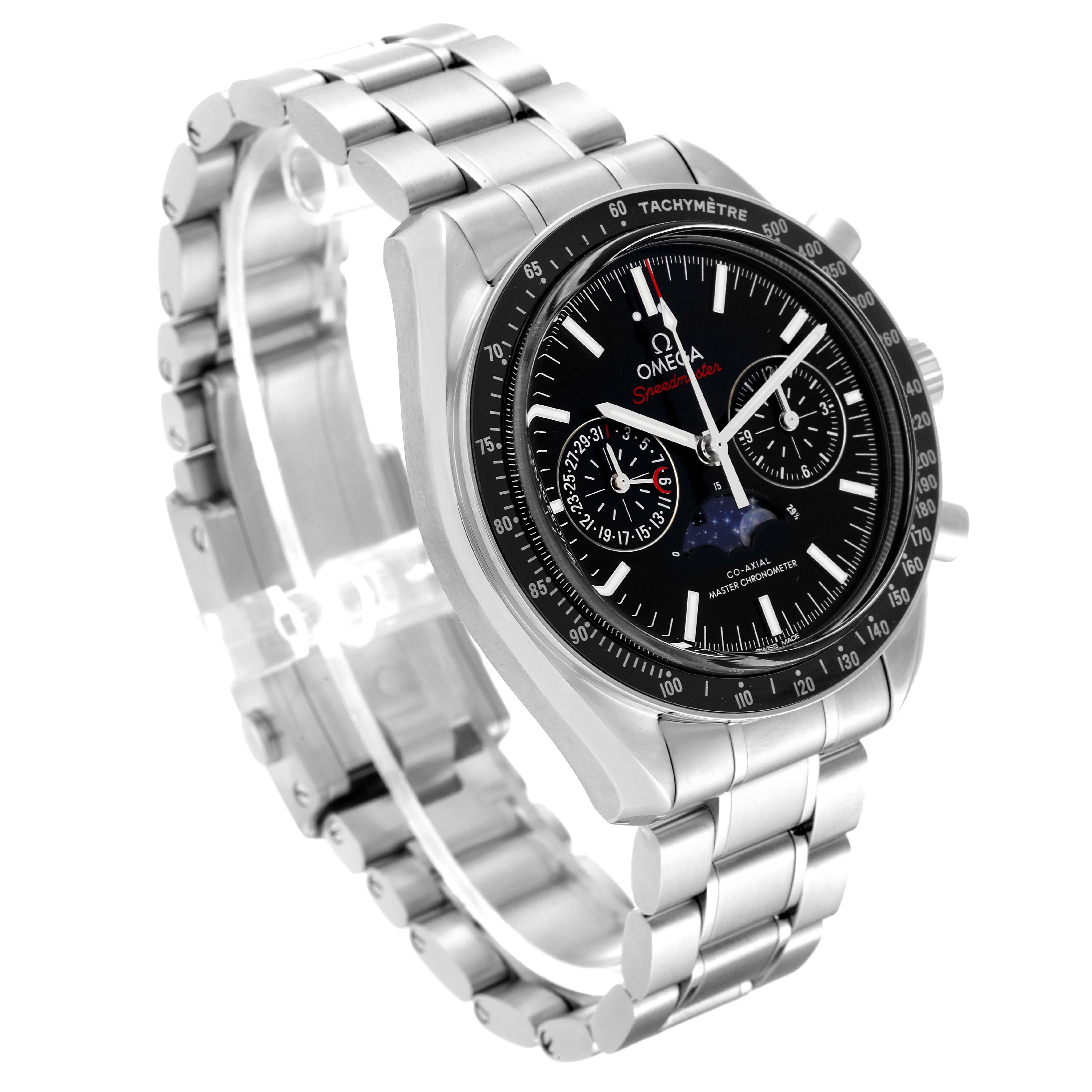 The Omega Speedmaster 304.30.44.52.01.001 Men
s Stainless Steel Black Dial 304.30.44.52.01.001 Men
s Stainless Steel Black Dial watch is shown at a three-quarter angle, highlighting the face, bezel, and metal bracelet.