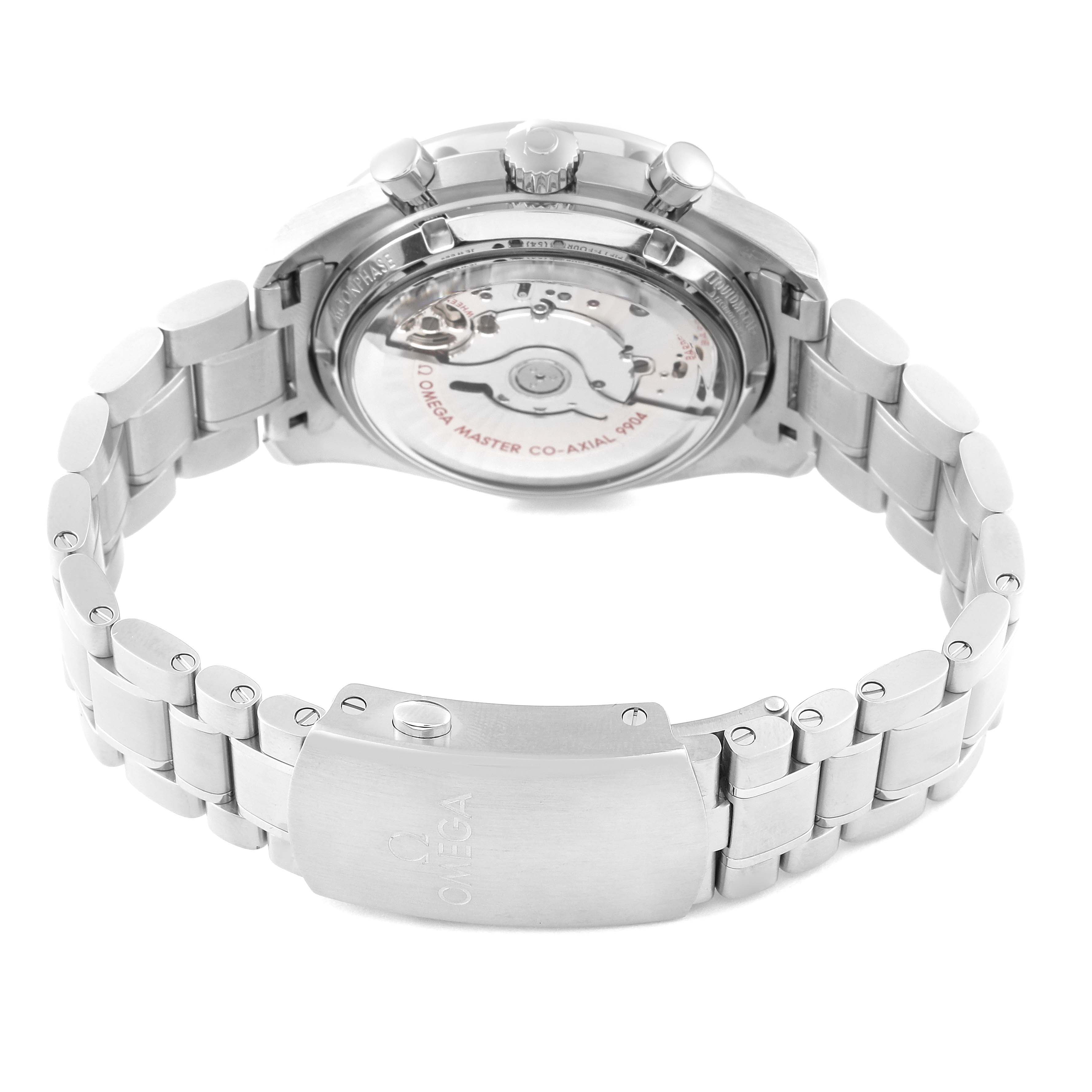 The image shows the back case and bracelet clasp of an Omega Speedmaster 304.30.44.52.01.001 Men
s Stainless Steel Black Dial 304.30.44.52.01.001 Men
s Stainless Steel Black Dial watch, highlighting the transparent case back and movement inside.