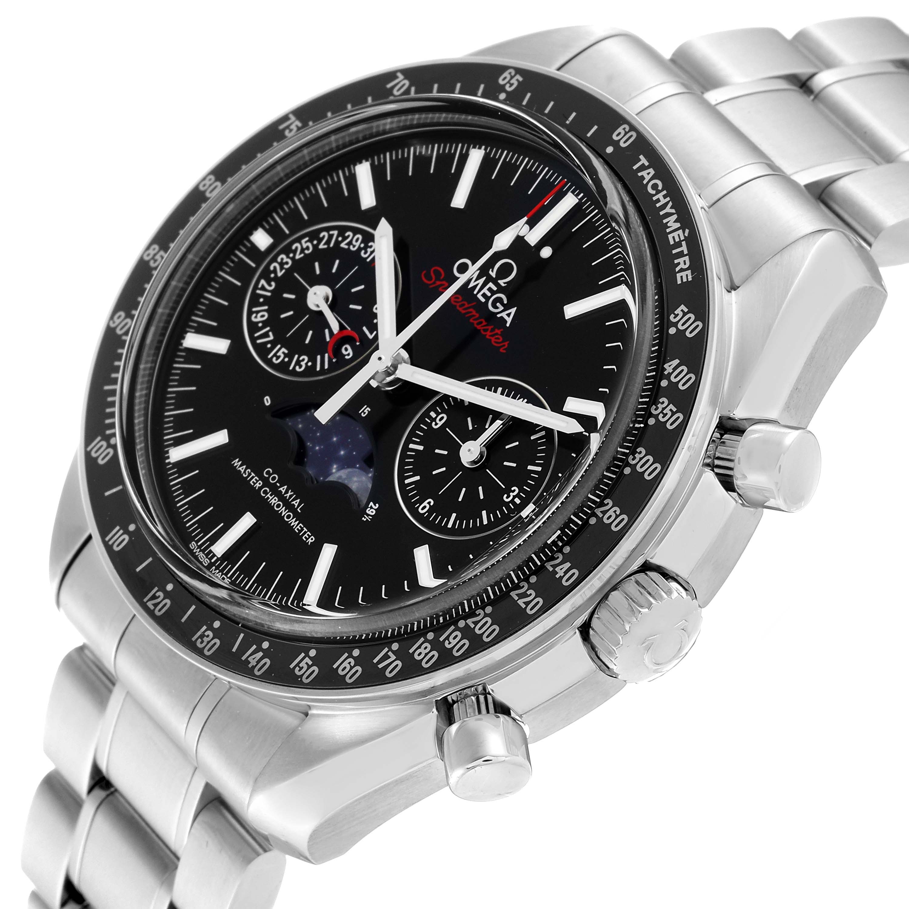 The image shows an Omega Speedmaster 304.30.44.52.01.001 Men
s Stainless Steel Black Dial 304.30.44.52.01.001 Men
s Stainless Steel Black Dial watch at an angle highlighting its face, bezel, and stainless steel bracelet, with focus on the side buttons and crown.