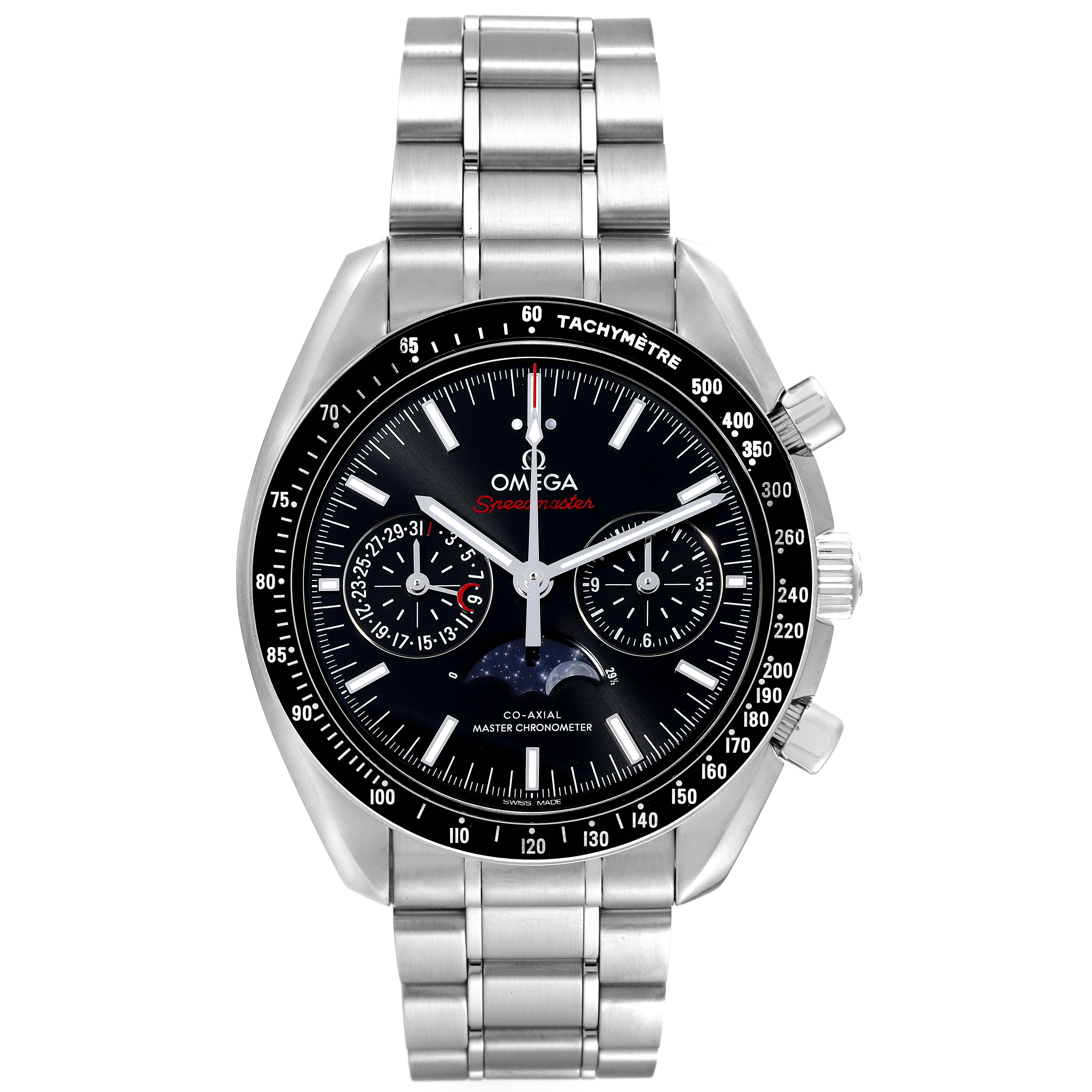 This image shows a frontal view of the Omega Speedmaster 304.30.44.52.01.001 Men
s Stainless Steel Black Dial 304.30.44.52.01.001 Men
s Stainless Steel Black Dial watch, highlighting its face, bezel, and steel bracelet.