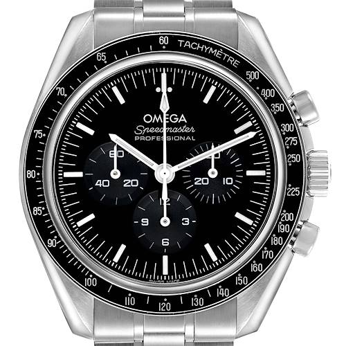 The image shows a frontal view of the Omega Speedmaster 310.30.42.50.01.002 Men's Stainless Steel Black Dial, highlighting the dial, tachymeter bezel, and stainless steel bracelet.