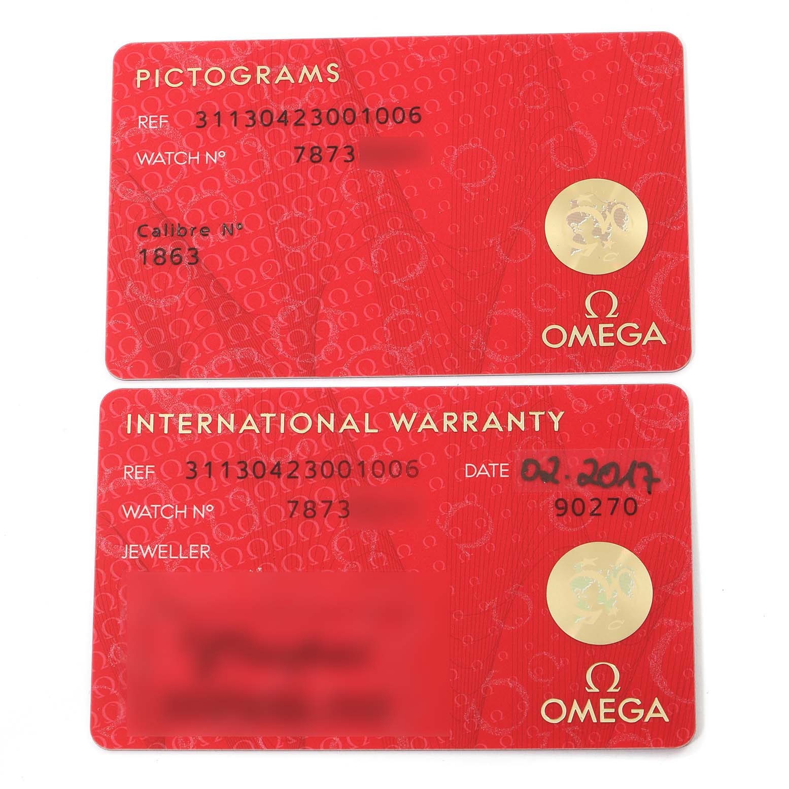 The image shows the pictograms and international warranty cards for an Omega Speedmaster 311.30.42.30.01.006 Men's Stainless Steel Black Dial 311.30.42.30.01.006 Men's Stainless Steel Black Dial watch.