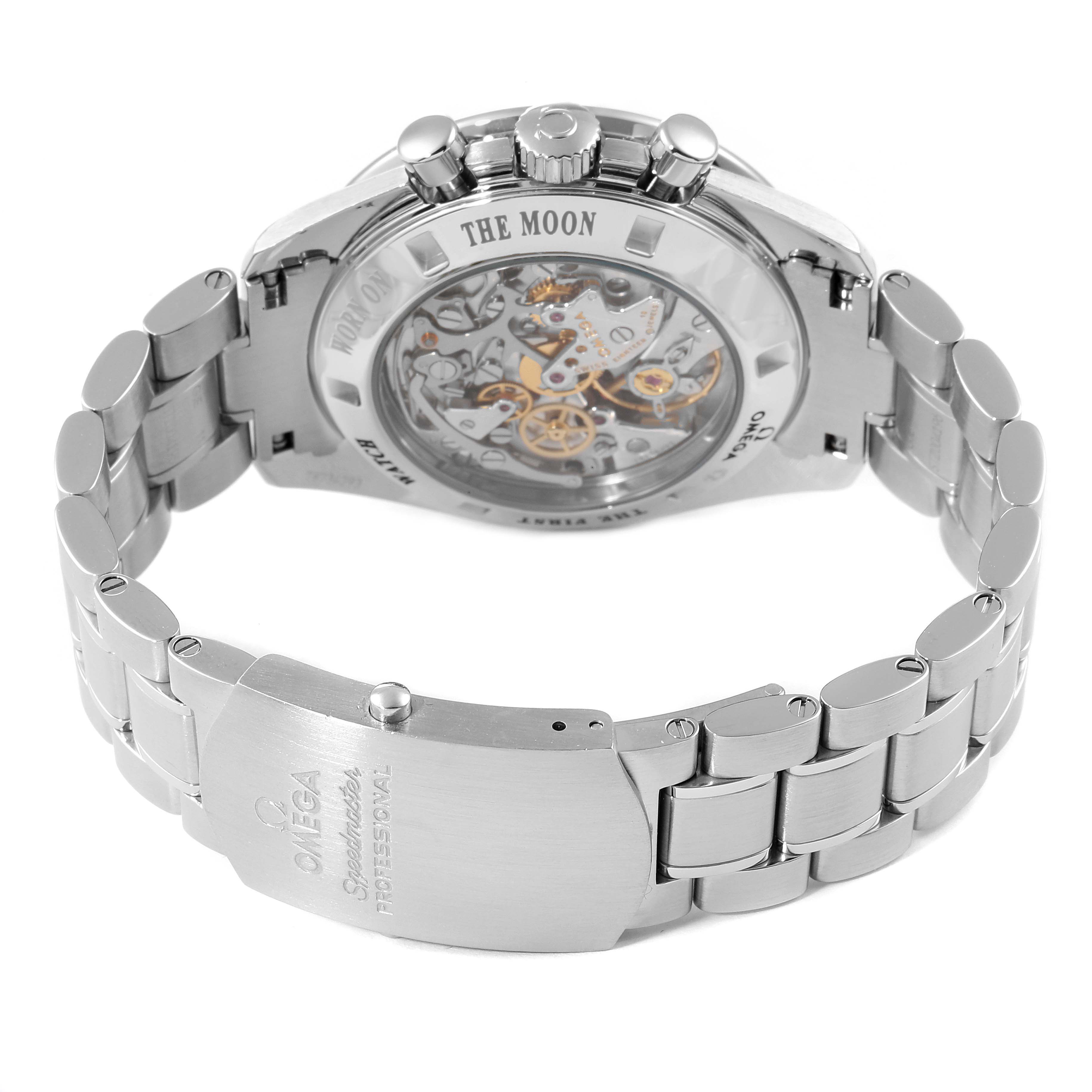 The image shows the back view of an Omega Speedmaster 311.30.42.30.01.006 Men's Stainless Steel Black Dial 311.30.42.30.01.006 Men's Stainless Steel Black Dial watch, highlighting its open case back and stainless steel bracelet.