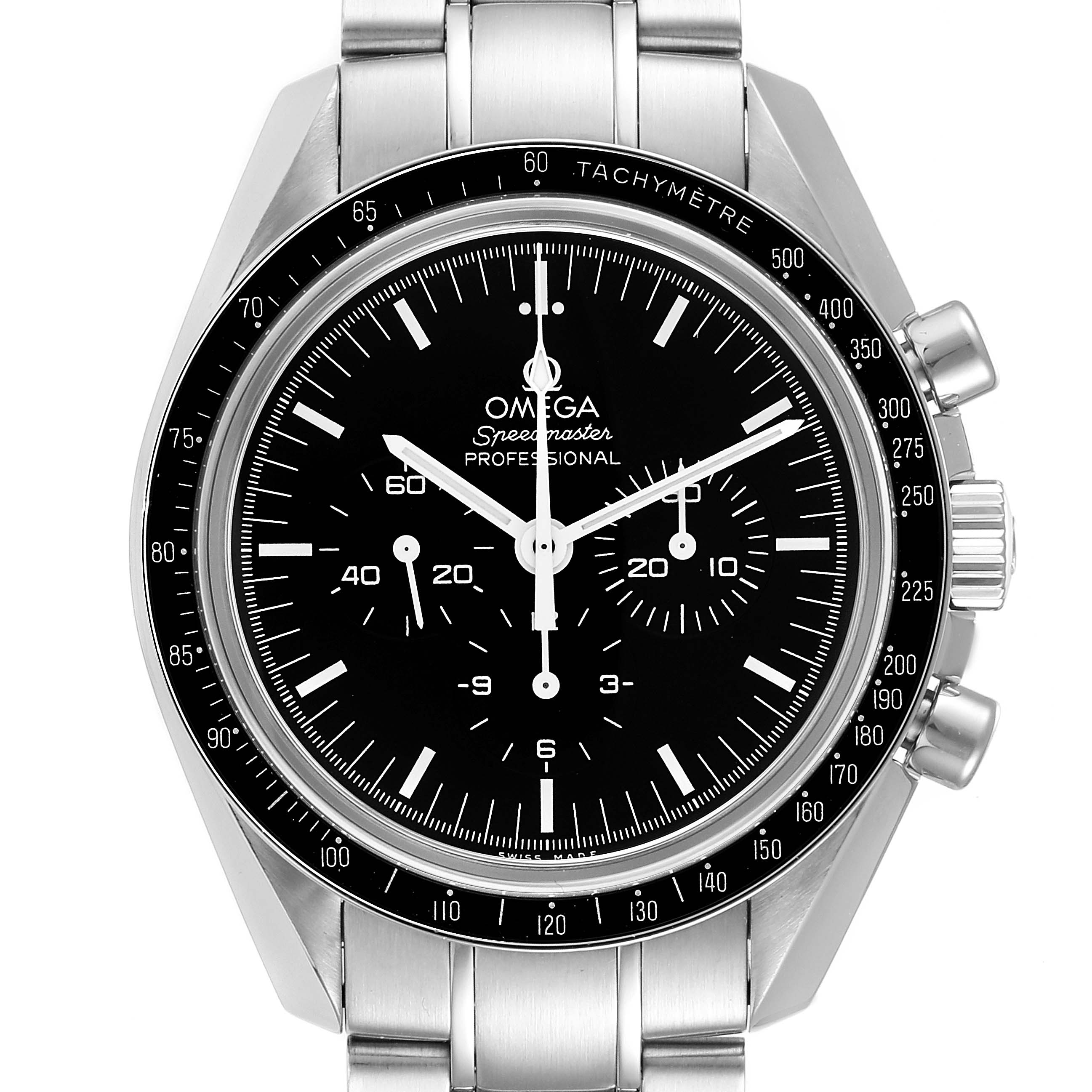 This image shows a front view of the Omega Speedmaster 311.30.42.30.01.006 Men's Stainless Steel Black Dial 311.30.42.30.01.006 Men's Stainless Steel Black Dial watch, displaying its dial, tachymeter bezel, and stainless steel bracelet.