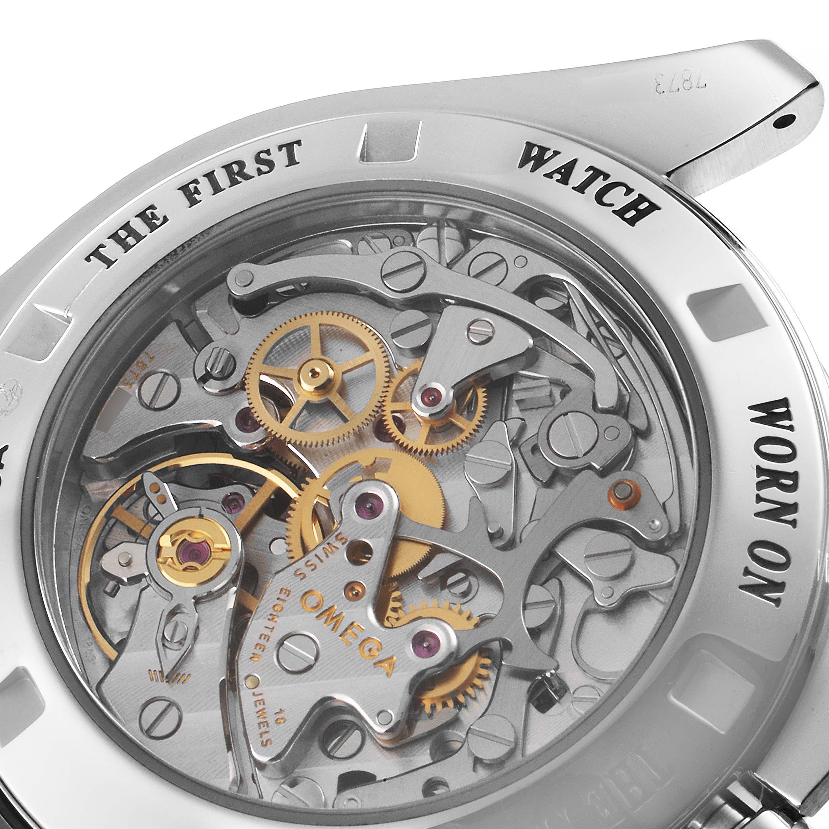 The image shows the intricate inner mechanism and back case of the Omega Speedmaster 311.30.42.30.01.006 Men's Stainless Steel Black Dial 311.30.42.30.01.006 Men's Stainless Steel Black Dial watch at a close-up angle.