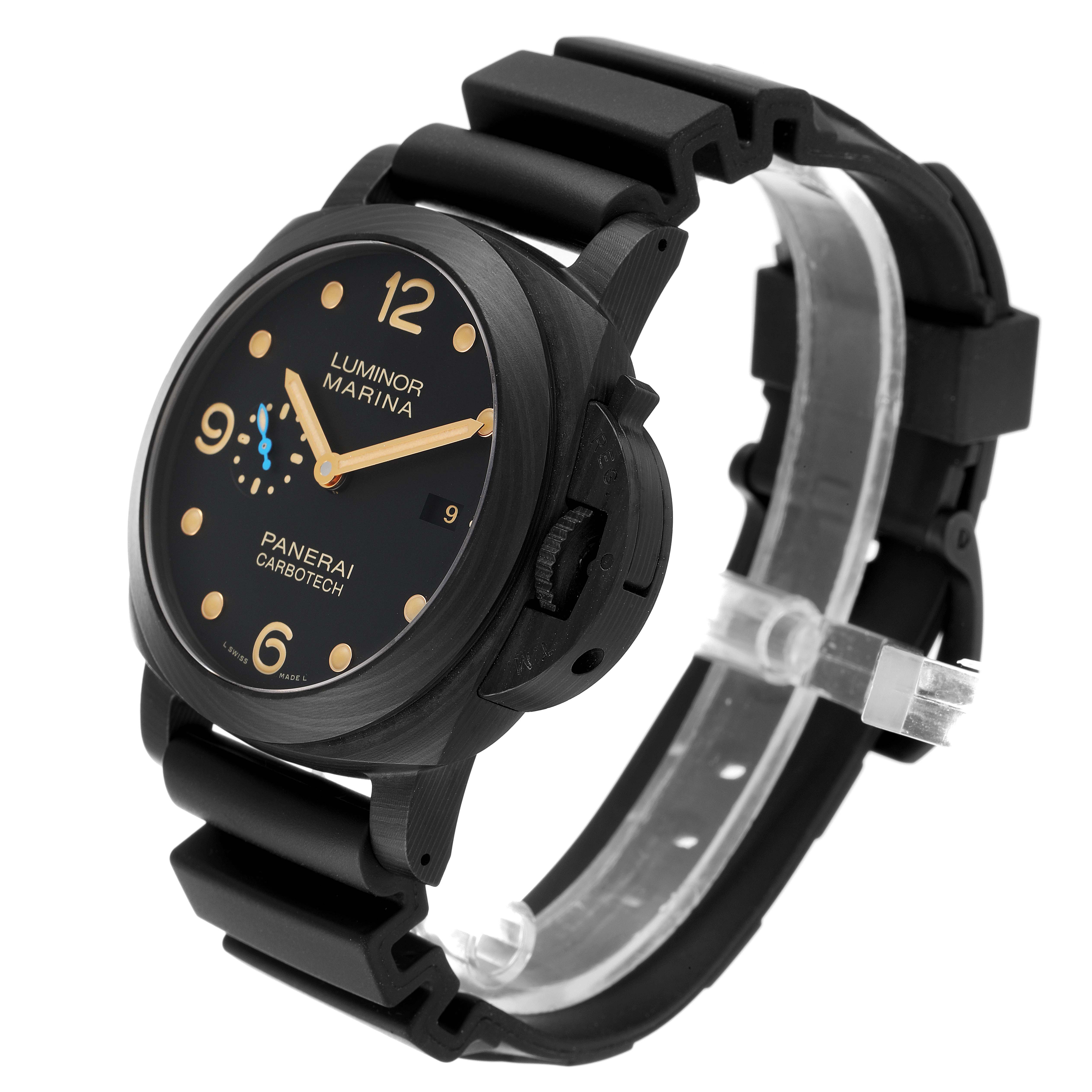 This Panerai Luminor PAM00661 Men's Ceramic Black Dial PAM00661 Men's Ceramic Black Dial model watch is shown from an angled side view, displaying the face, strap, and crown guard.