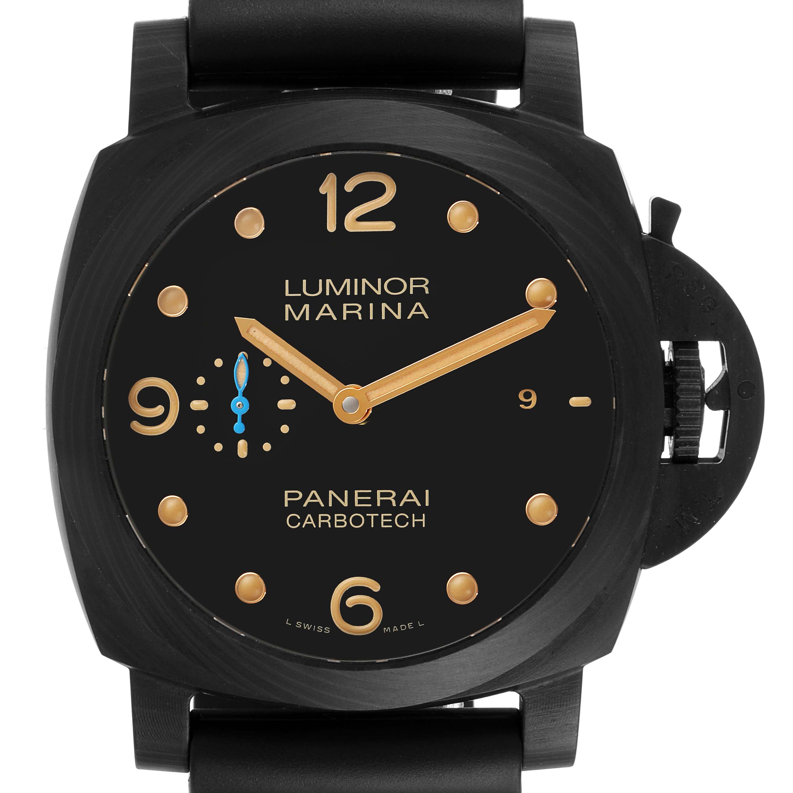 This image shows a frontal view of the Panerai Luminor PAM00661 Men's Ceramic Black Dial PAM00661 Men's Ceramic Black Dial Marina Carbotech watch, highlighting its dial, hands, and distinct crown guard.