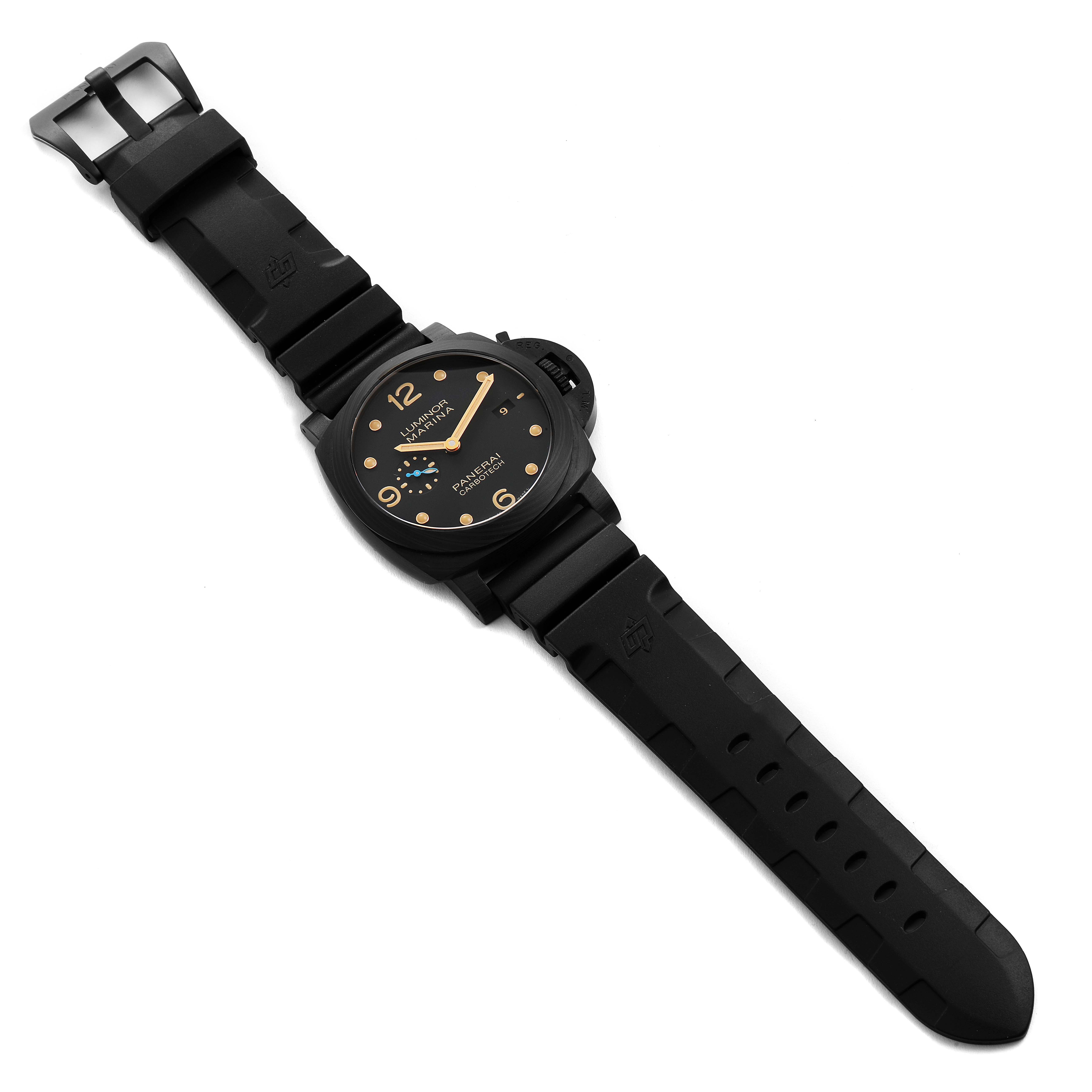 The image shows a Panerai Luminor PAM00661 Men's Ceramic Black Dial PAM00661 Men's Ceramic Black Dial watch laid flat, highlighting the dial, case, and black rubber strap with a buckle.