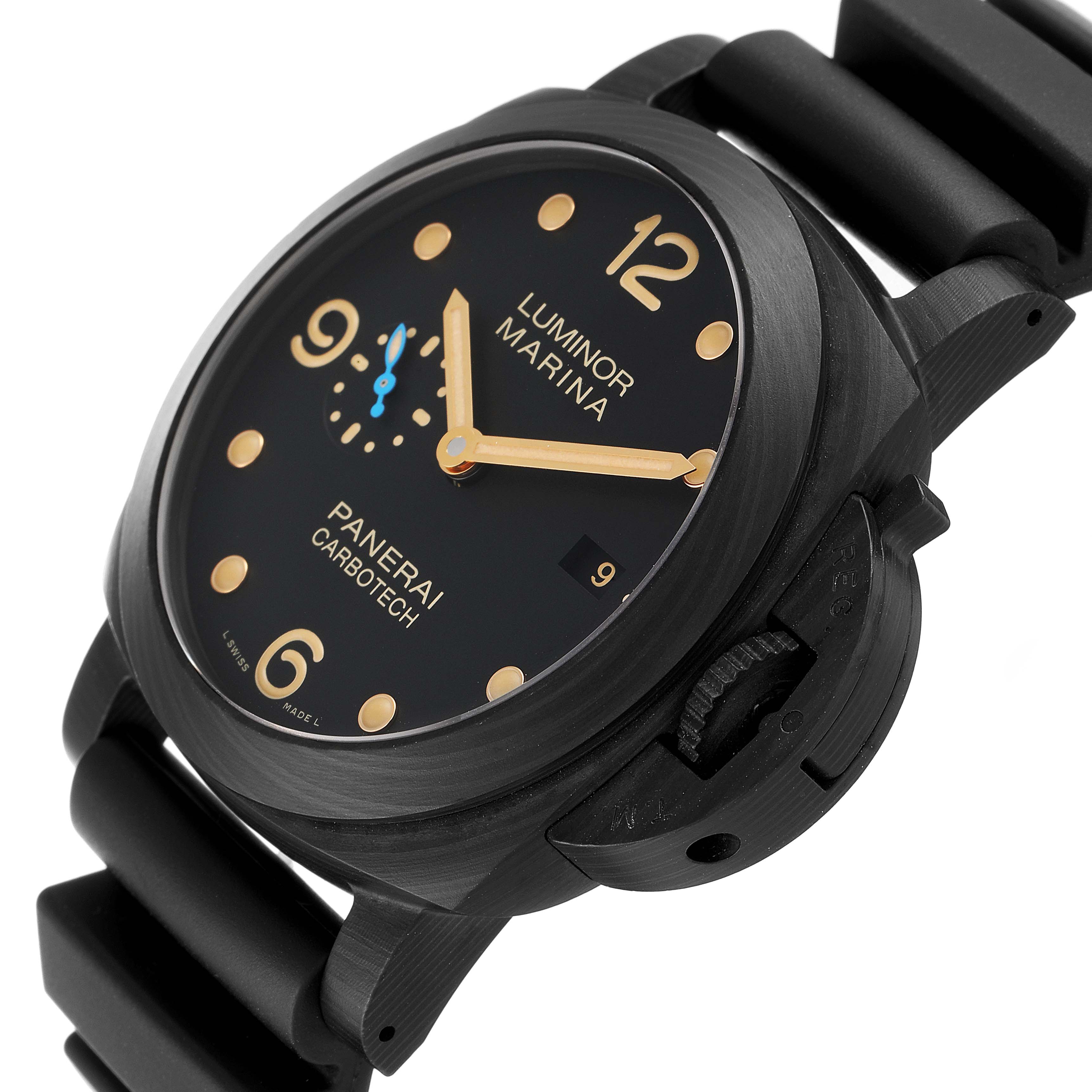 The image showcases a close-up, angled view of the Panerai Luminor PAM00661 Men's Ceramic Black Dial PAM00661 Men's Ceramic Black Dial Marina Carbotech watch, highlighting its face and crown guard.