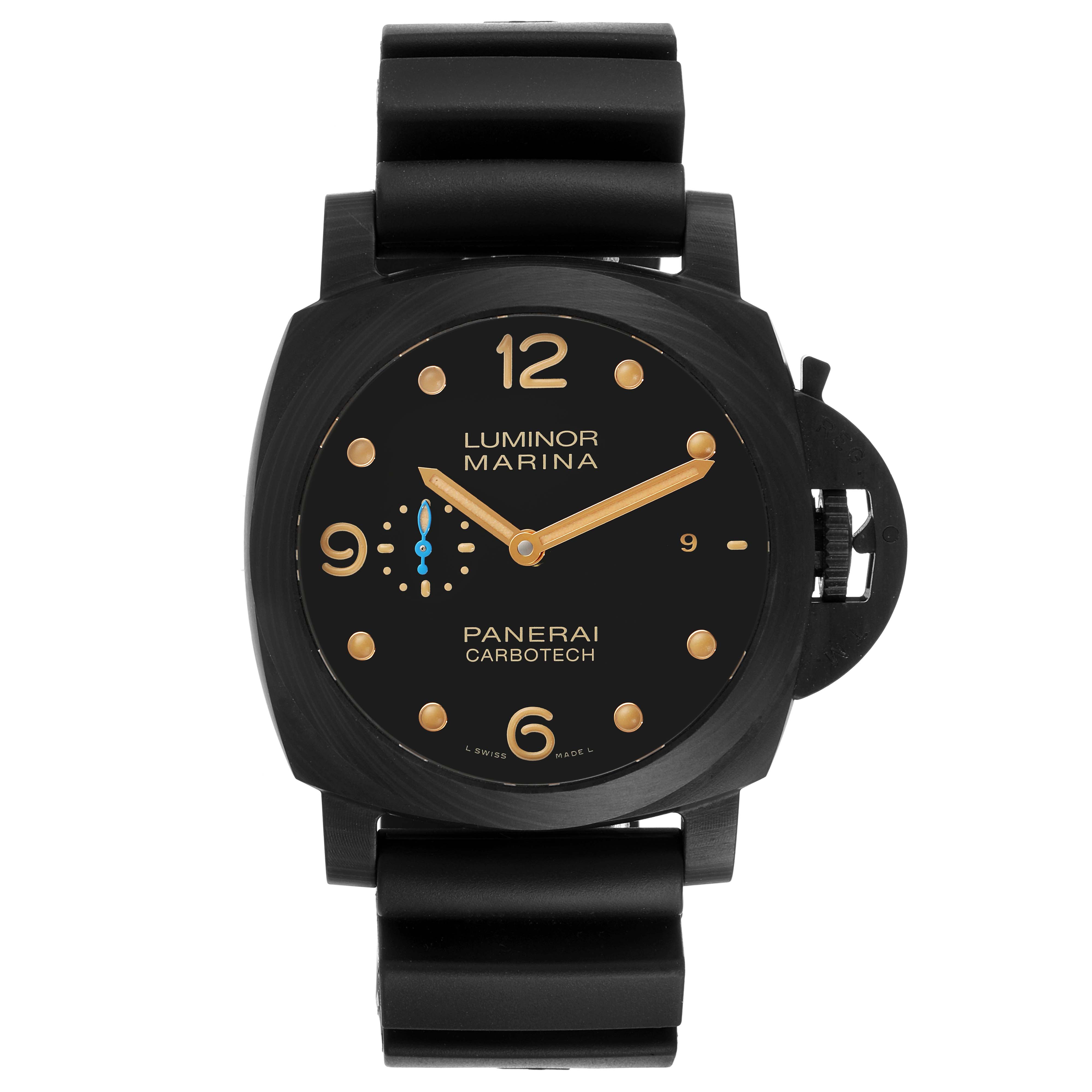 This image shows a front view of a Panerai Luminor PAM00661 Men's Ceramic Black Dial PAM00661 Men's Ceramic Black Dial Marina watch with a black case and strap.
