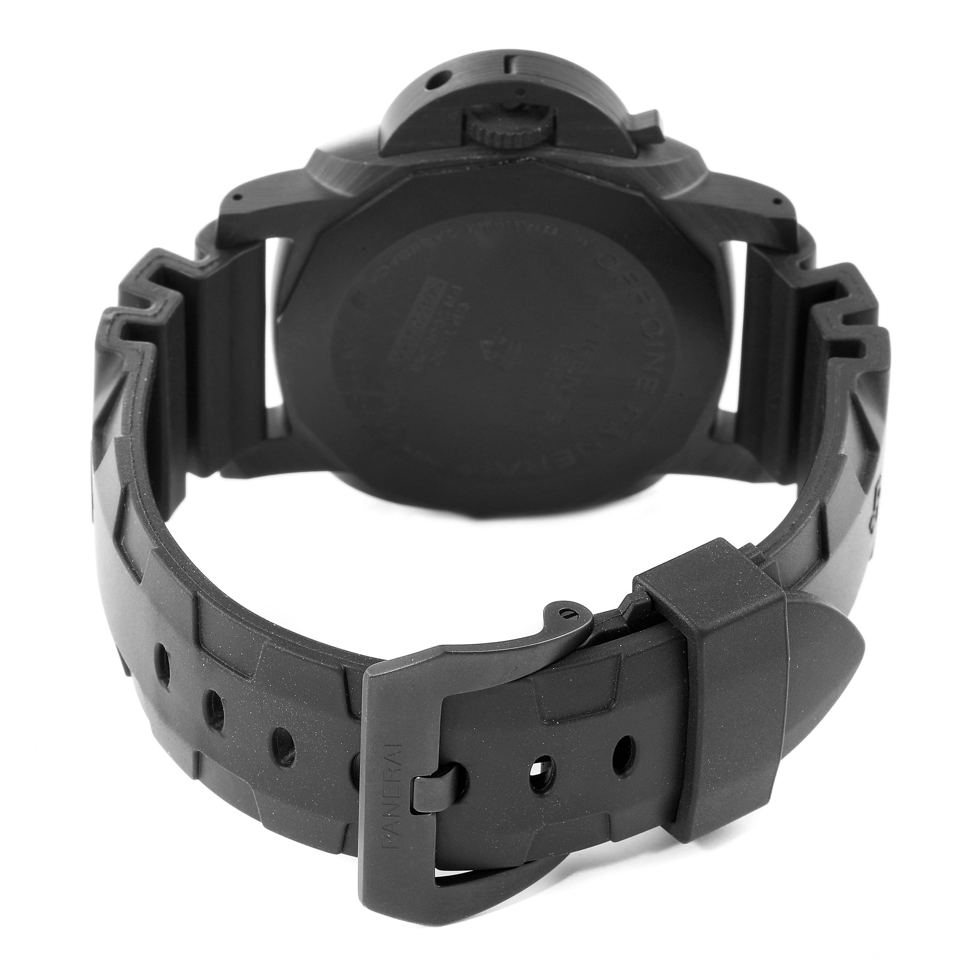 The image shows the back and strap of a Panerai Luminor PAM00661 Men's Ceramic Black Dial PAM00661 Men's Ceramic Black Dial watch viewed from the rear, highlighting the buckle mechanism.