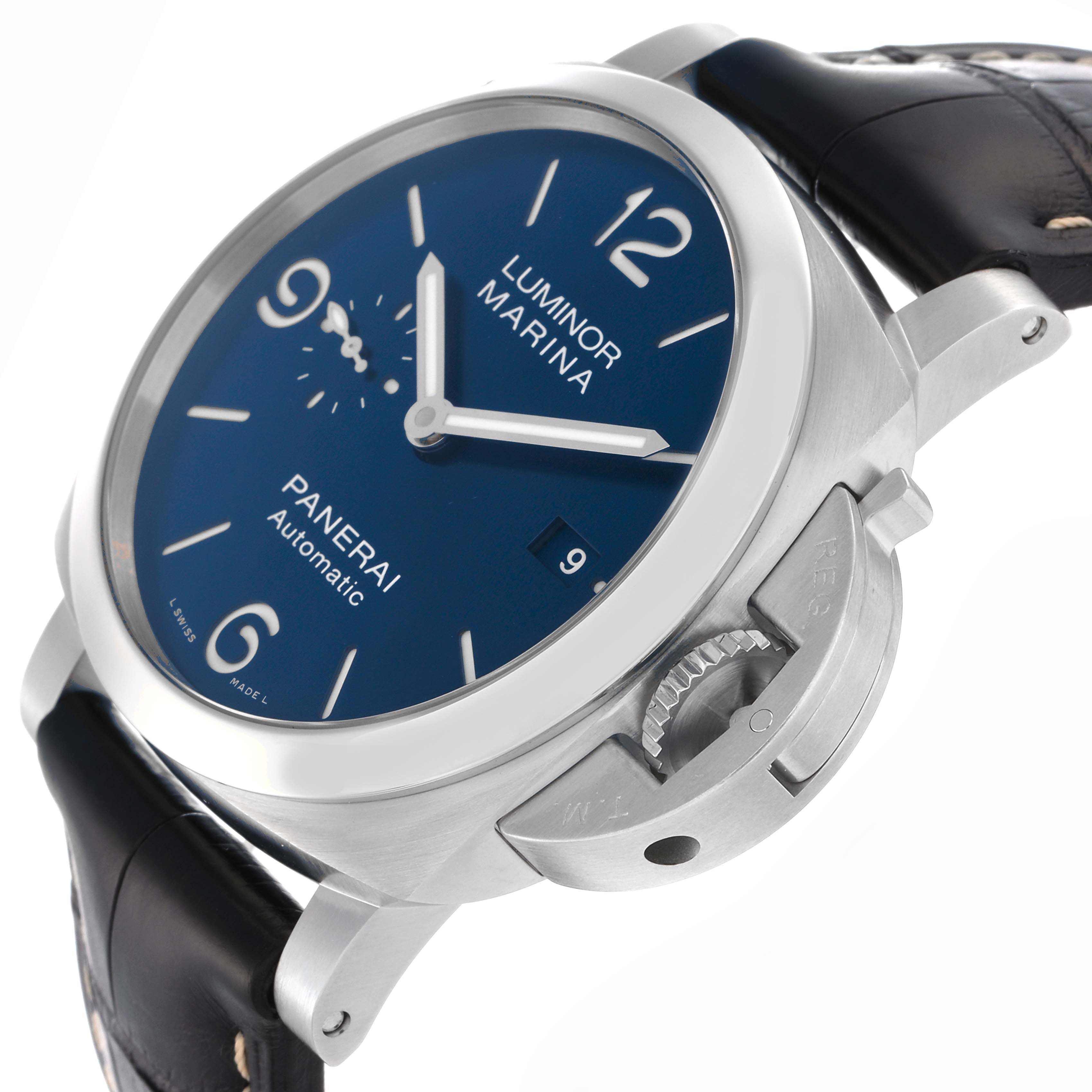 The Panerai Luminor PAM01313 Men
s Stainless Steel Blue Dial PAM01313 Men
s Stainless Steel Blue Dial watch is shown in a side angle highlighting the blue dial, crown guard, and leather strap.