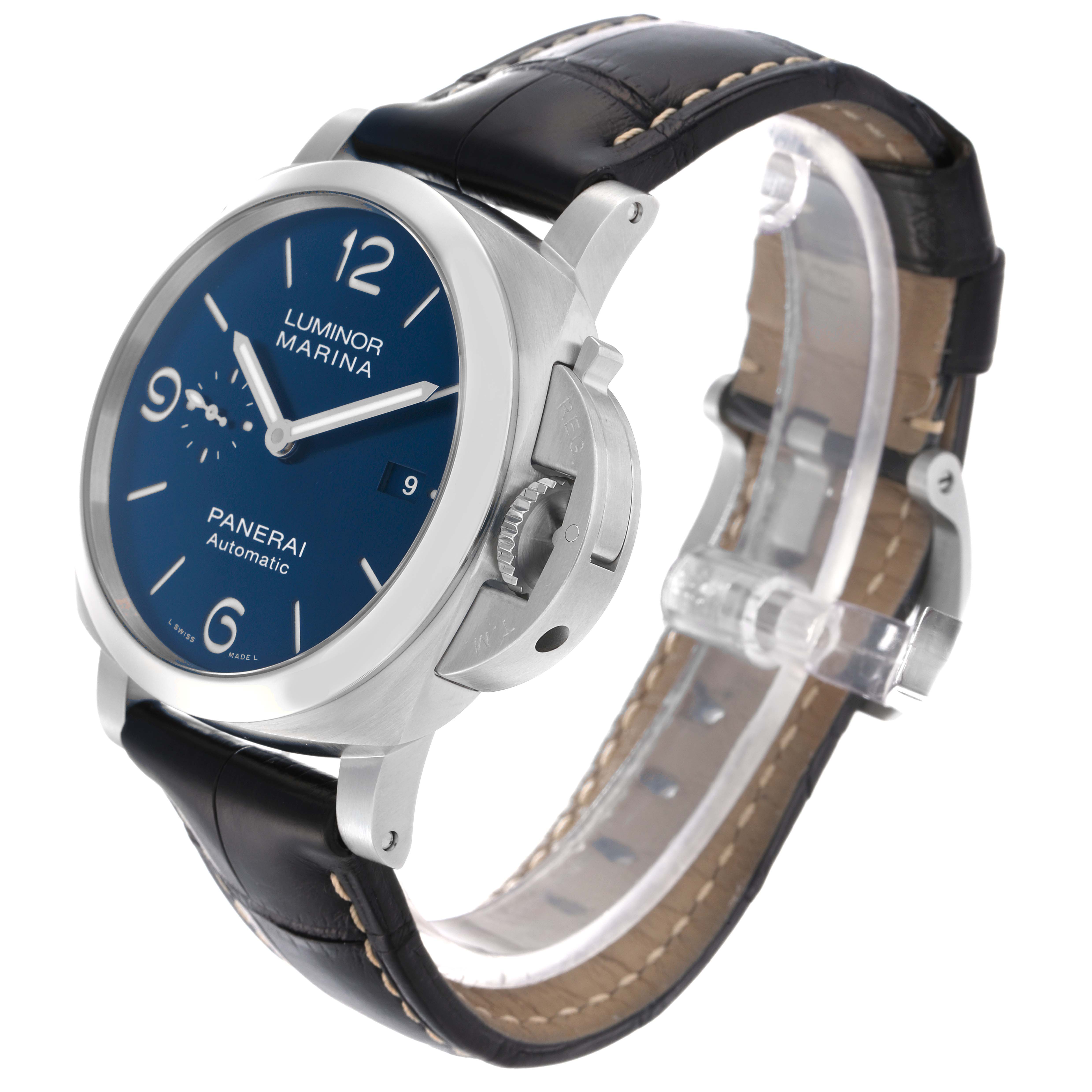 The Panerai Luminor PAM01313 Men
s Stainless Steel Blue Dial PAM01313 Men
s Stainless Steel Blue Dial watch is shown at a side angle, highlighting the dial, crown guard, and leather strap.