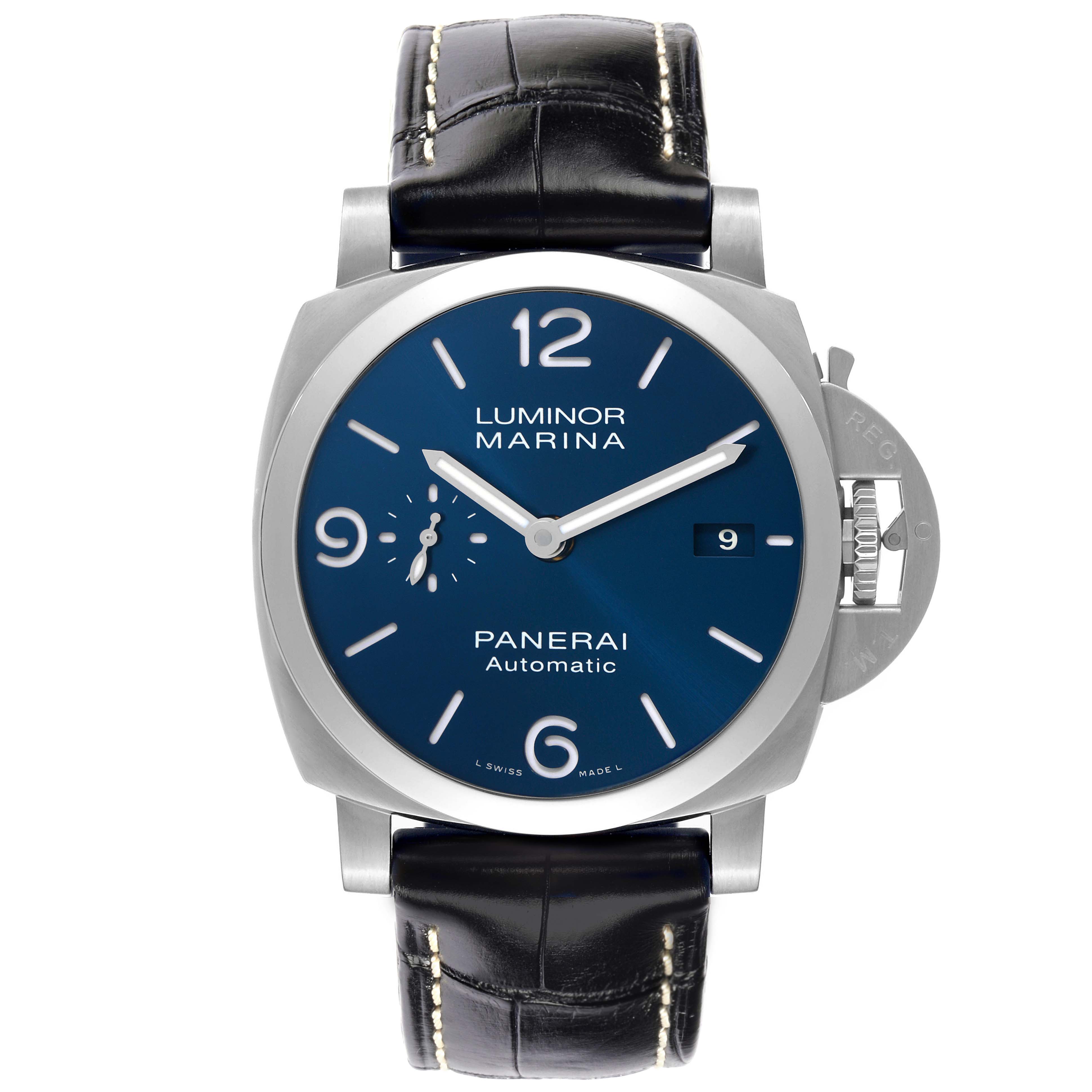 The image shows a front view of a Panerai Luminor PAM01313 Men
s Stainless Steel Blue Dial PAM01313 Men
s Stainless Steel Blue Dial model, displaying the dial, case, crown guard, and leather strap.