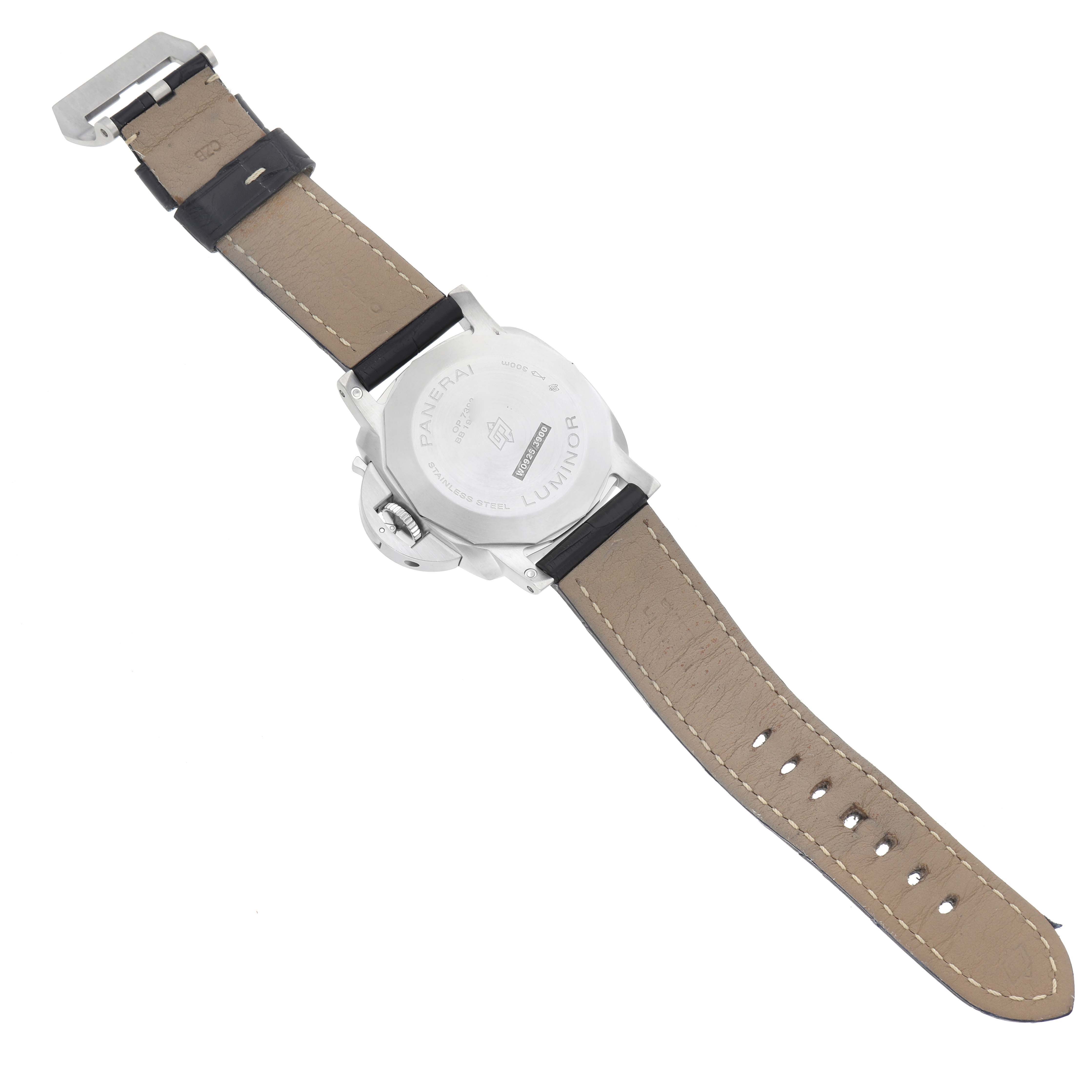 The image shows the back of a Panerai Luminor PAM01313 Men
s Stainless Steel Blue Dial PAM01313 Men
s Stainless Steel Blue Dial watch with its leather strap and buckle visible.