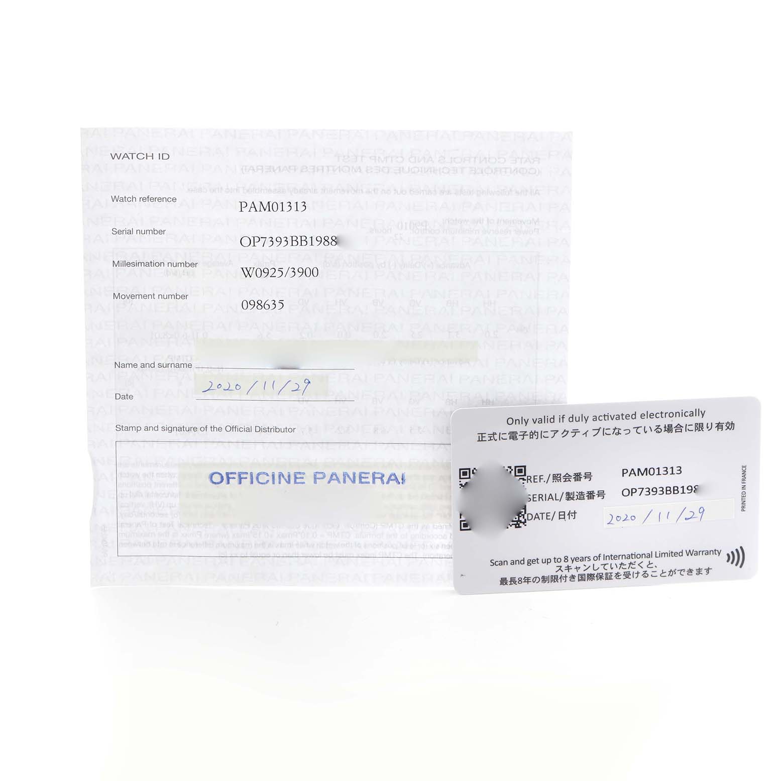 The image shows warranty and Best Quality
ation documents for the Panerai Luminor PAM01313 Men
s Stainless Steel Blue Dial PAM01313 Men
s Stainless Steel Blue Dial model, including a watch ID card.