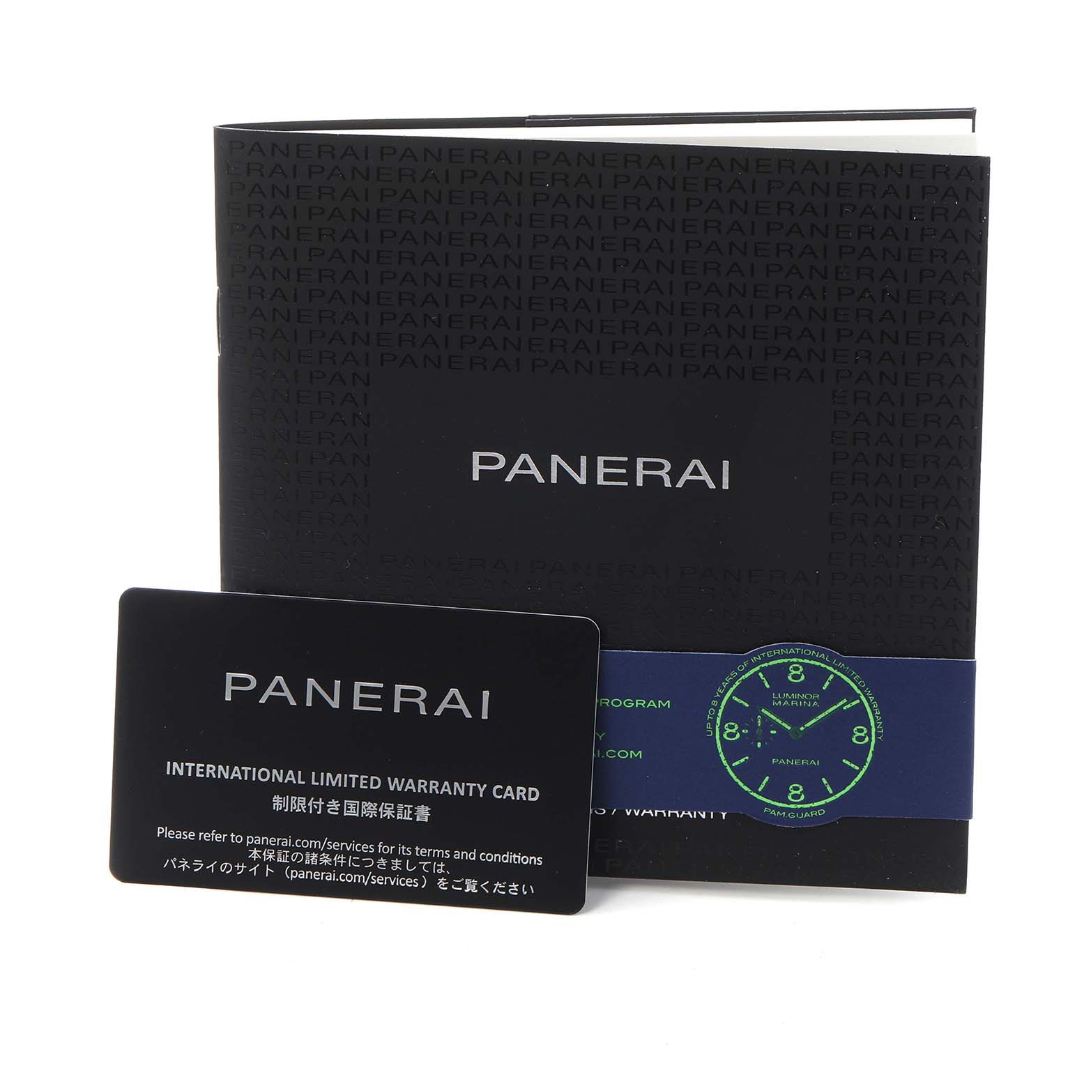 The image shows the Panerai Luminor PAM01313 Men
s Stainless Steel Blue Dial PAM01313 Men
s Stainless Steel Blue Dial model
s packaging and international warranty card from a front angle.