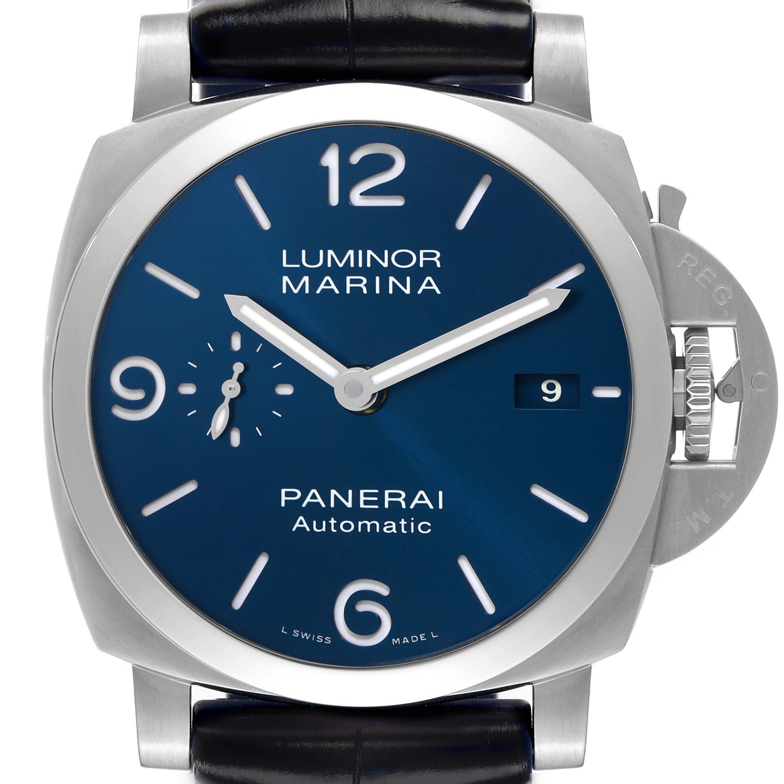 The Panerai Luminor PAM01313 Men
s Stainless Steel Blue Dial PAM01313 Men
s Stainless Steel Blue Dial watch is shown from the front, displaying the dial, crown guard, and strap connection.